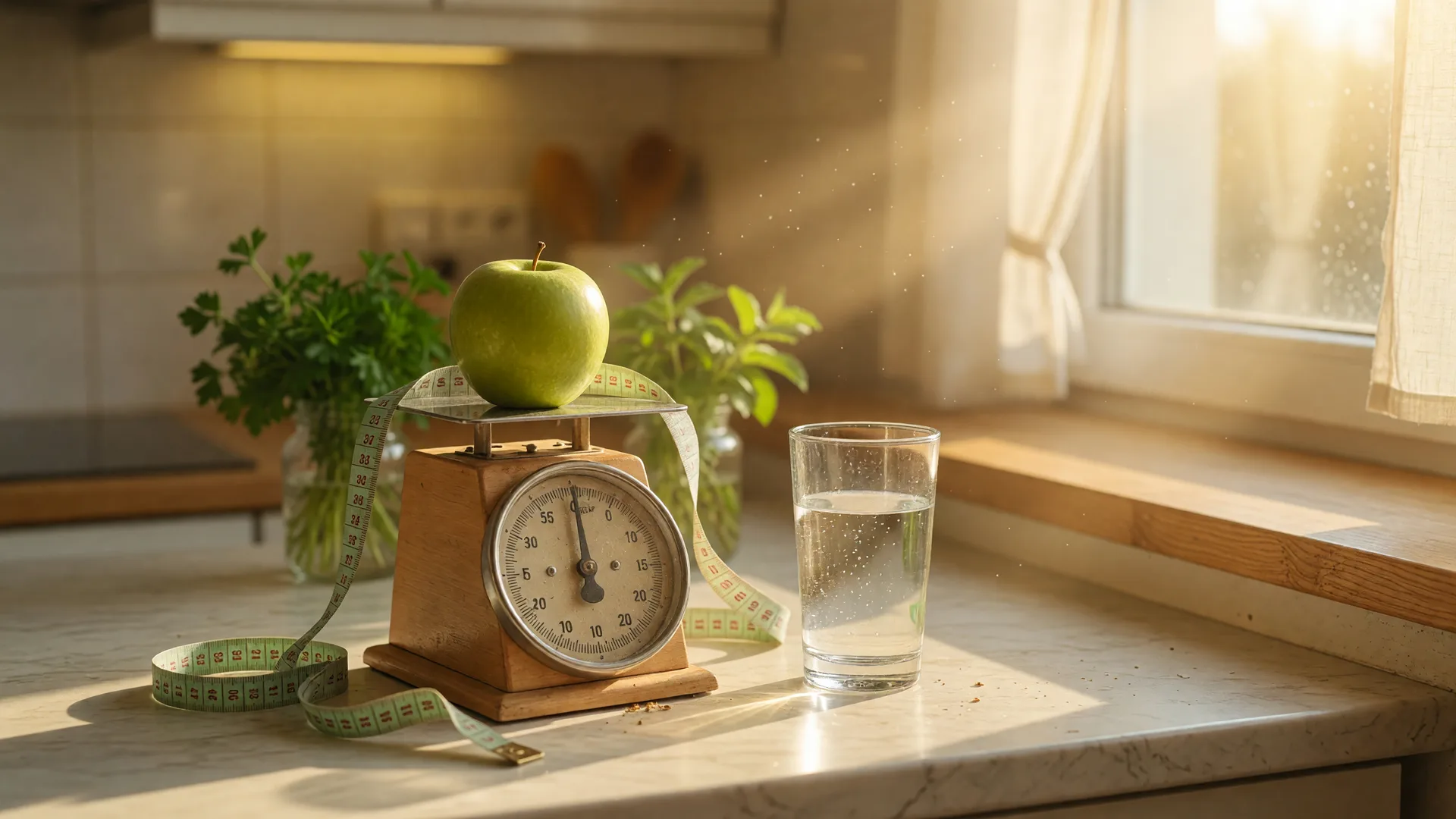 A wooden kitchen scale holding a green apple with a soft measuring tape beside it on a bright counter in warm morning light