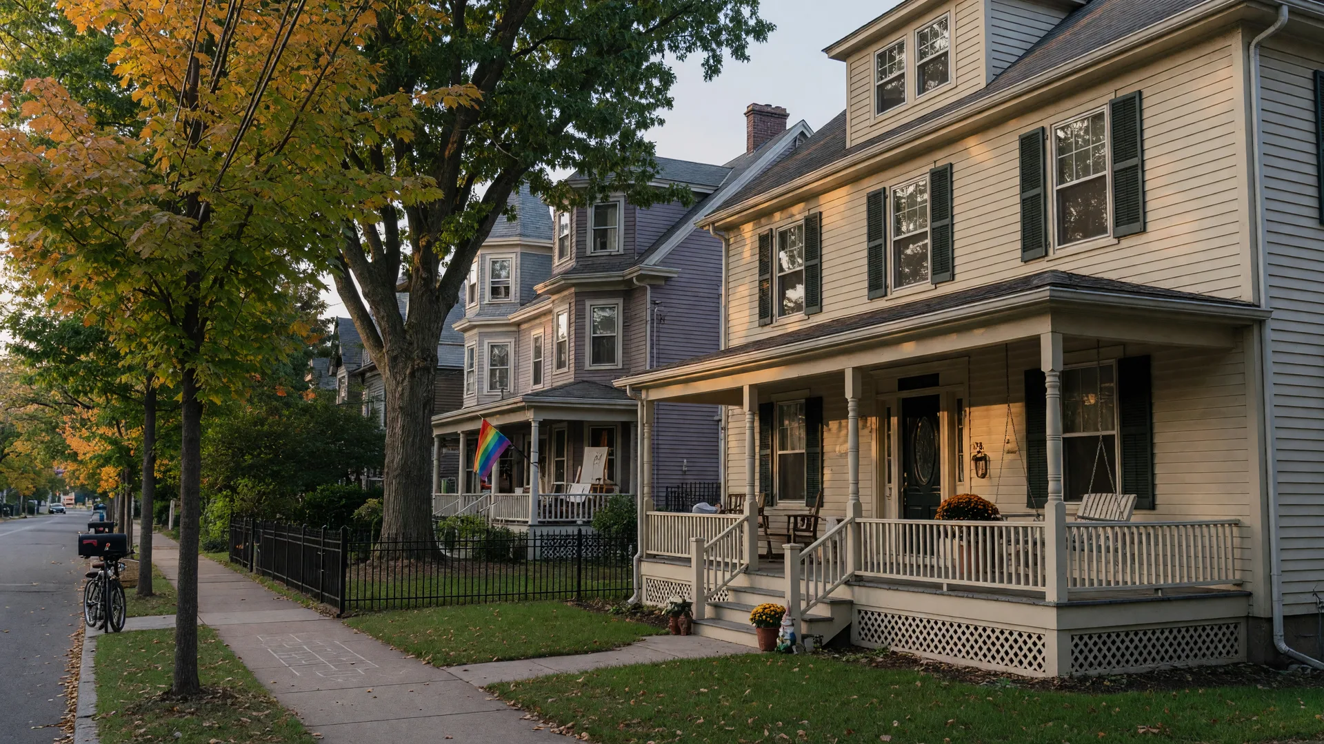 A classic early-1900s Victorian-style Westville home with a covered porch and dark shutters on a quiet, tree-lined New Haven street