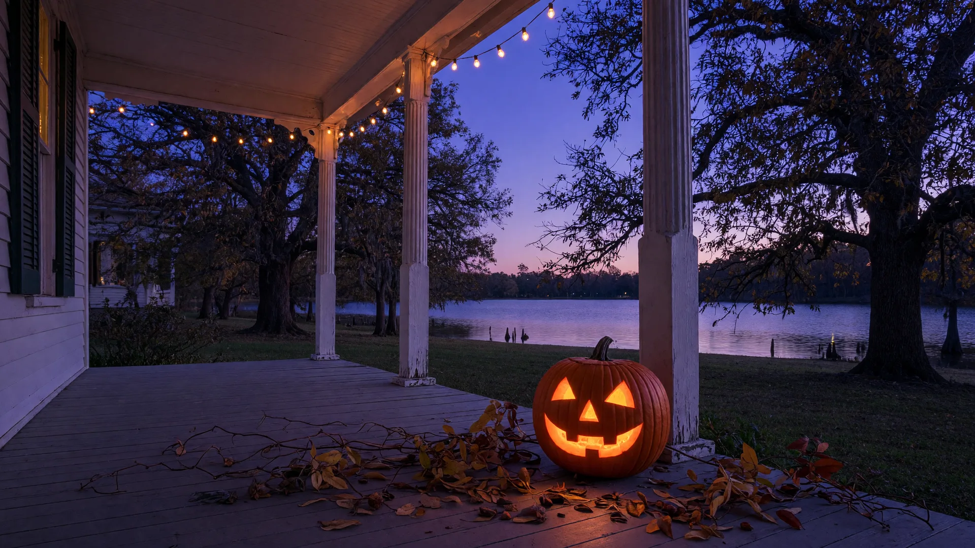 Historic white farmhouse porch at dusk on Halloween with a glowing carved jack-o'-lantern beside white columns and a lake glinting in the twilight