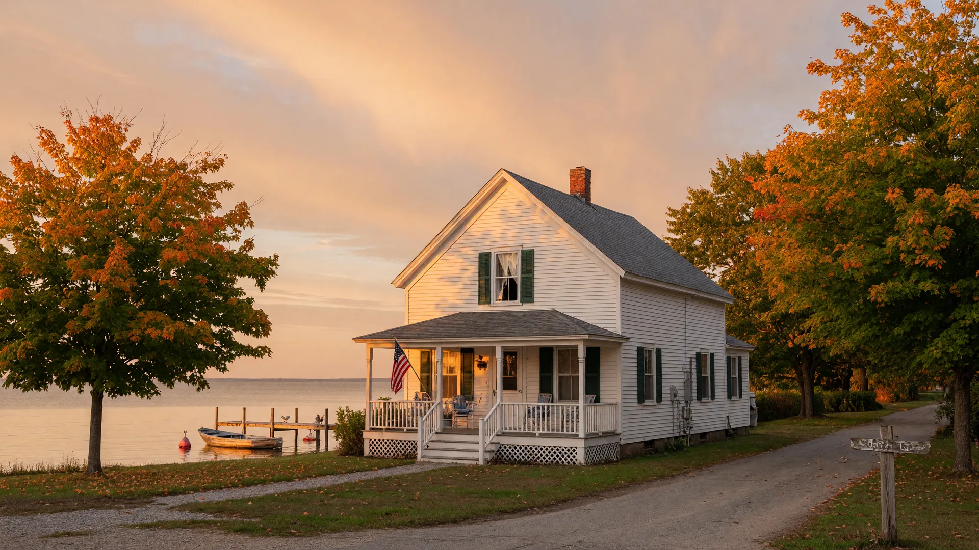 A classic white clapboard shoreline cottage in Branford, Connecticut at golden hour, with a front porch, dark shutters, early autumn maples, and Long Island Sound beyond