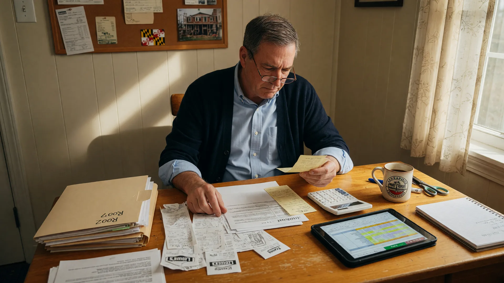 Maryland homeowner reviewing financial documents and home improvement records at a home office desk
