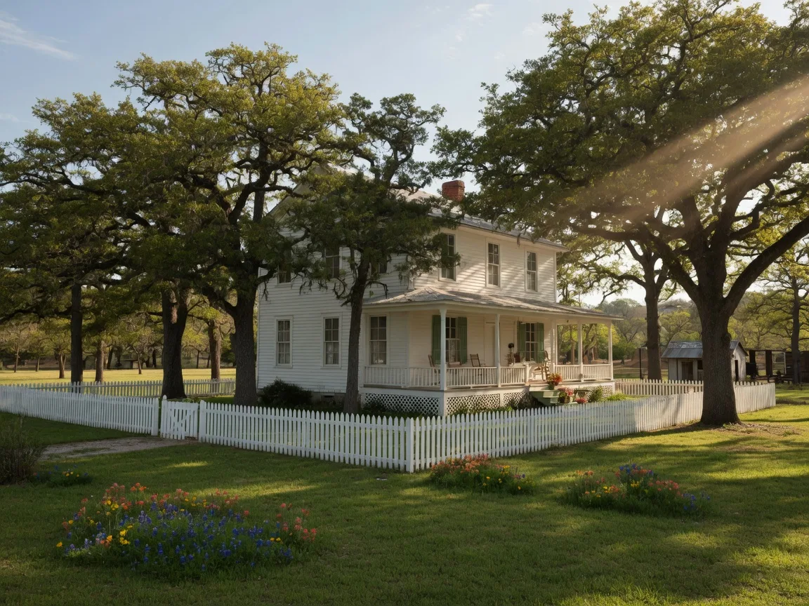 White frame LBJ Boyhood Home with wrap-around porch under tall live oak trees, surrounded by a white picket fence and wildflowers in Johnson City, Texas