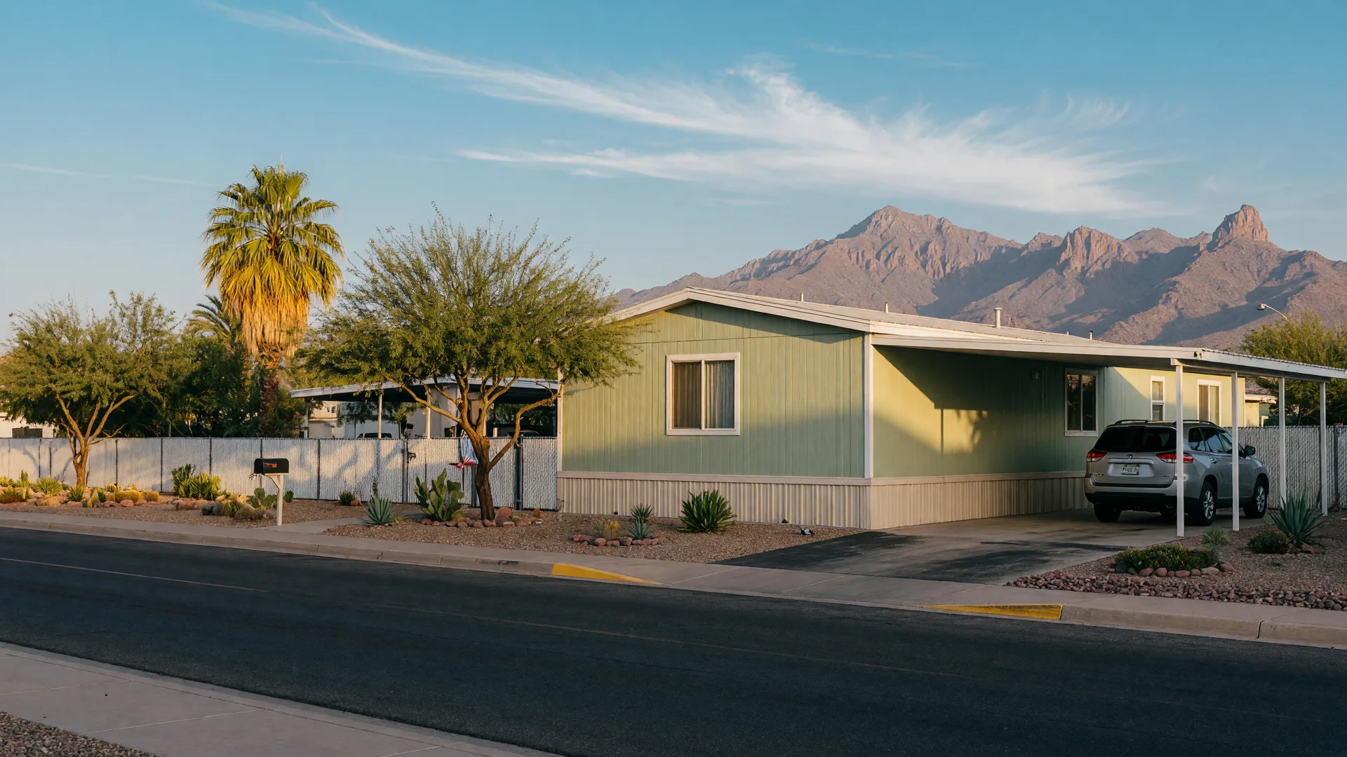 A land-owned manufactured home in the East Valley of Arizona with its own fenced yard, desert landscaping, and the Superstition Mountains on the horizon