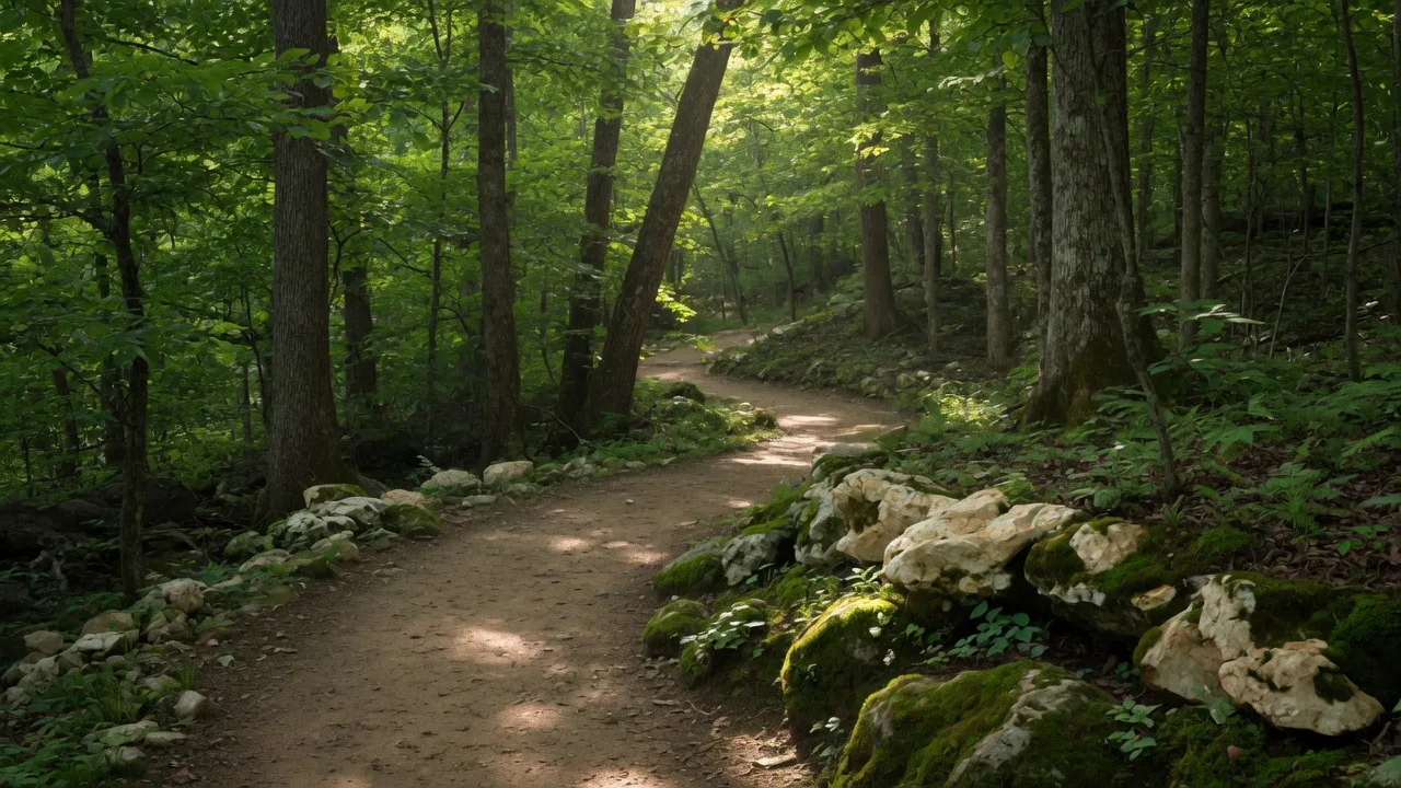 Hiking trail winding through lush Ozark forest with dappled sunlight