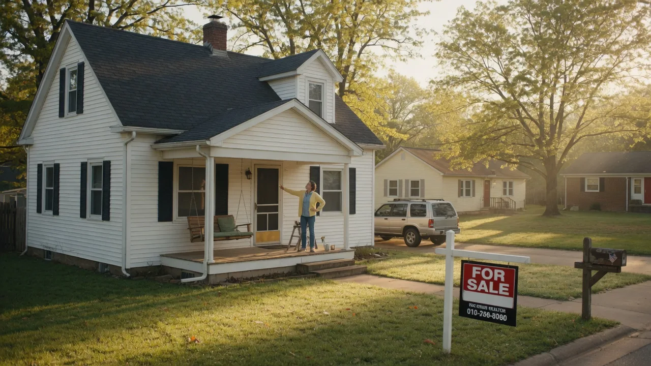 Charming white home in the Missouri Ozarks on a sunny morning with a For Sale sign and homeowner inspecting the exterior