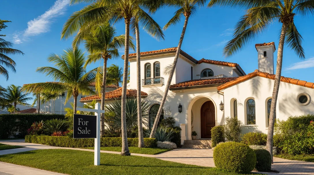 South Florida coastal home with palm trees and For Sale sign in the front lawn