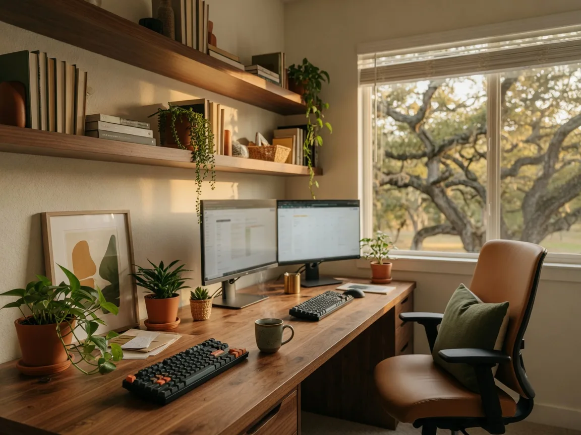 A bright modern home office in a Texas Hill Country house with a walnut desk, dual monitors, an ergonomic chair, and a large window overlooking live oaks in golden afternoon light