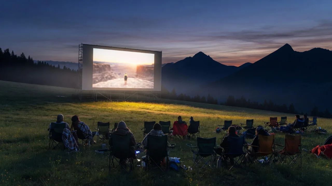 An outdoor adventure film screening at dusk with a glowing screen against mountain silhouettes and folding chairs in the foreground