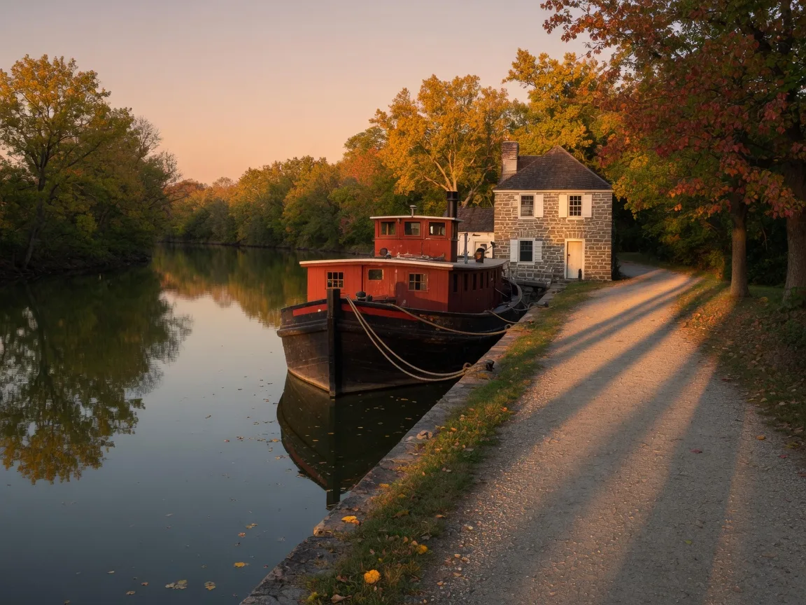 The C&O Canal towpath beside calm water with a historic canal boat in golden light