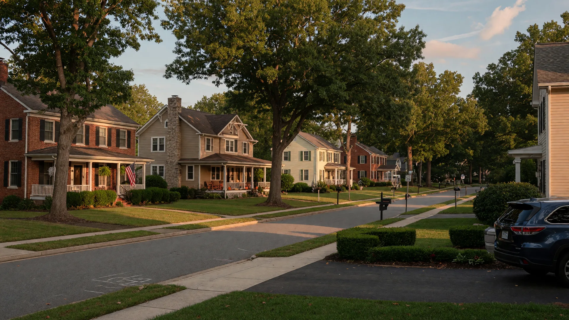 Stafford Village Stafford County Virginia established family-friendly street with two-story single-family homes and mature trees
