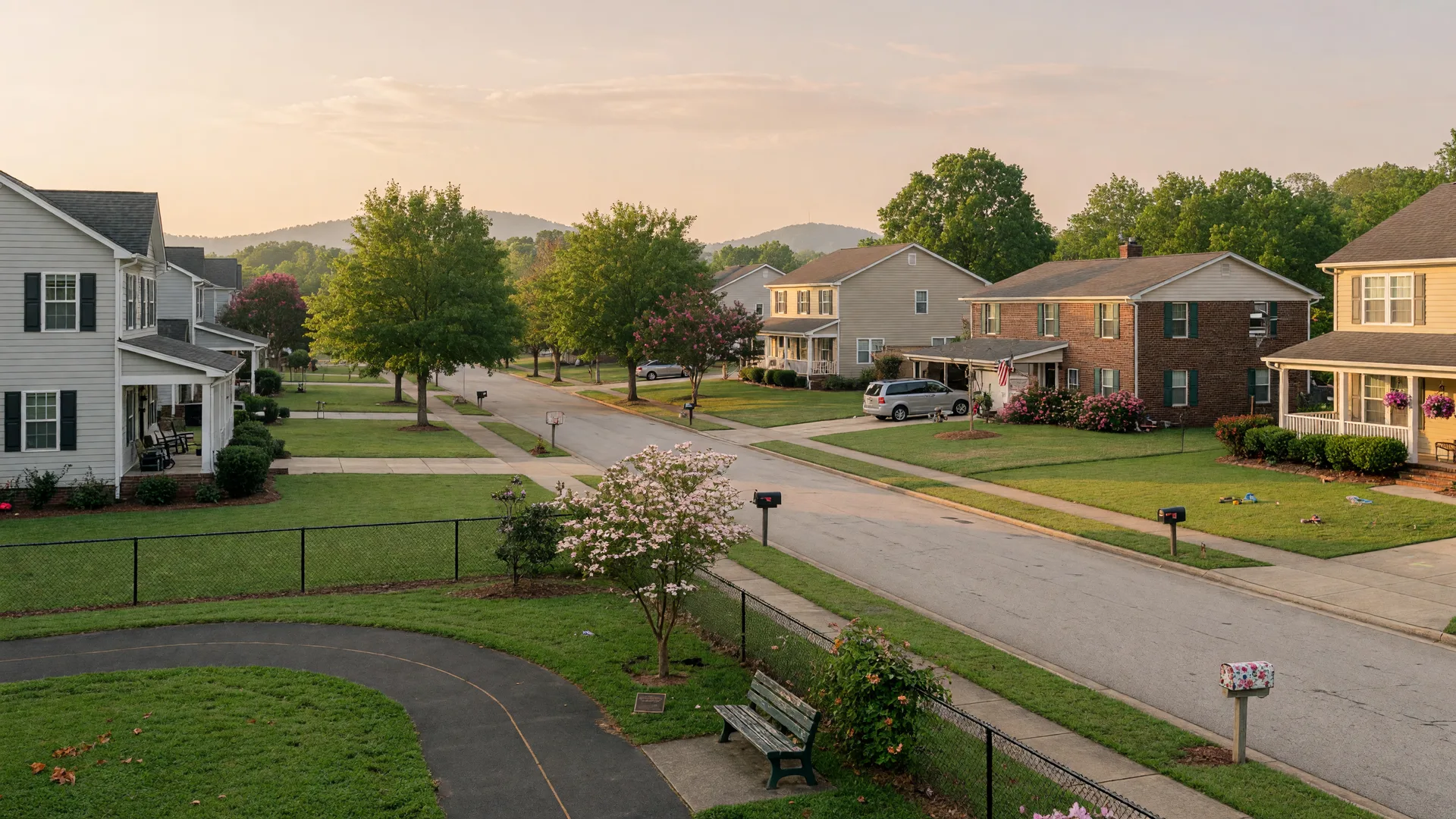 A peaceful suburban neighborhood street with single-family homes and a park in Evans, Georgia