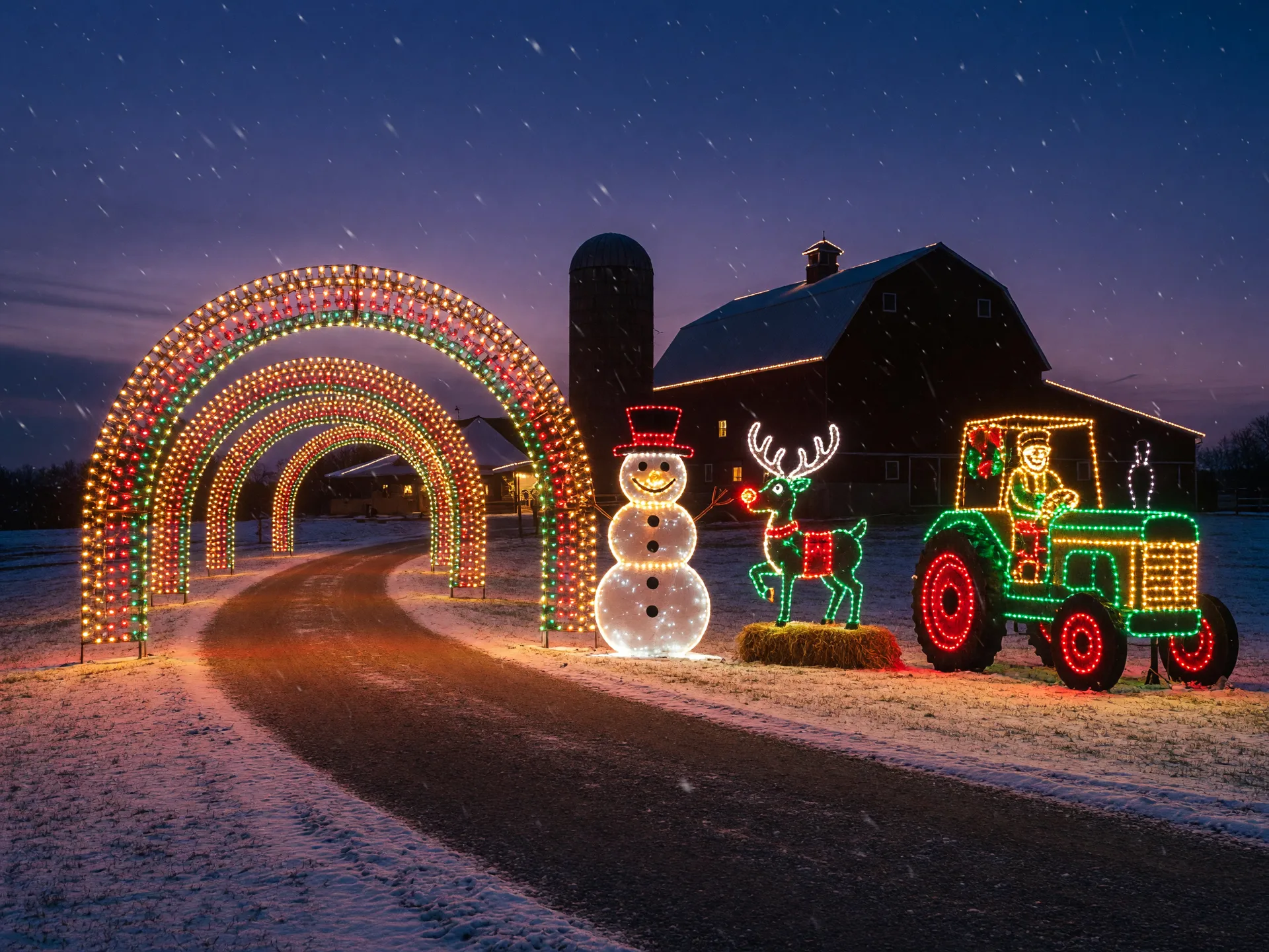 Glowing holiday light arches lining a snowy evening drive-through path at a farm park