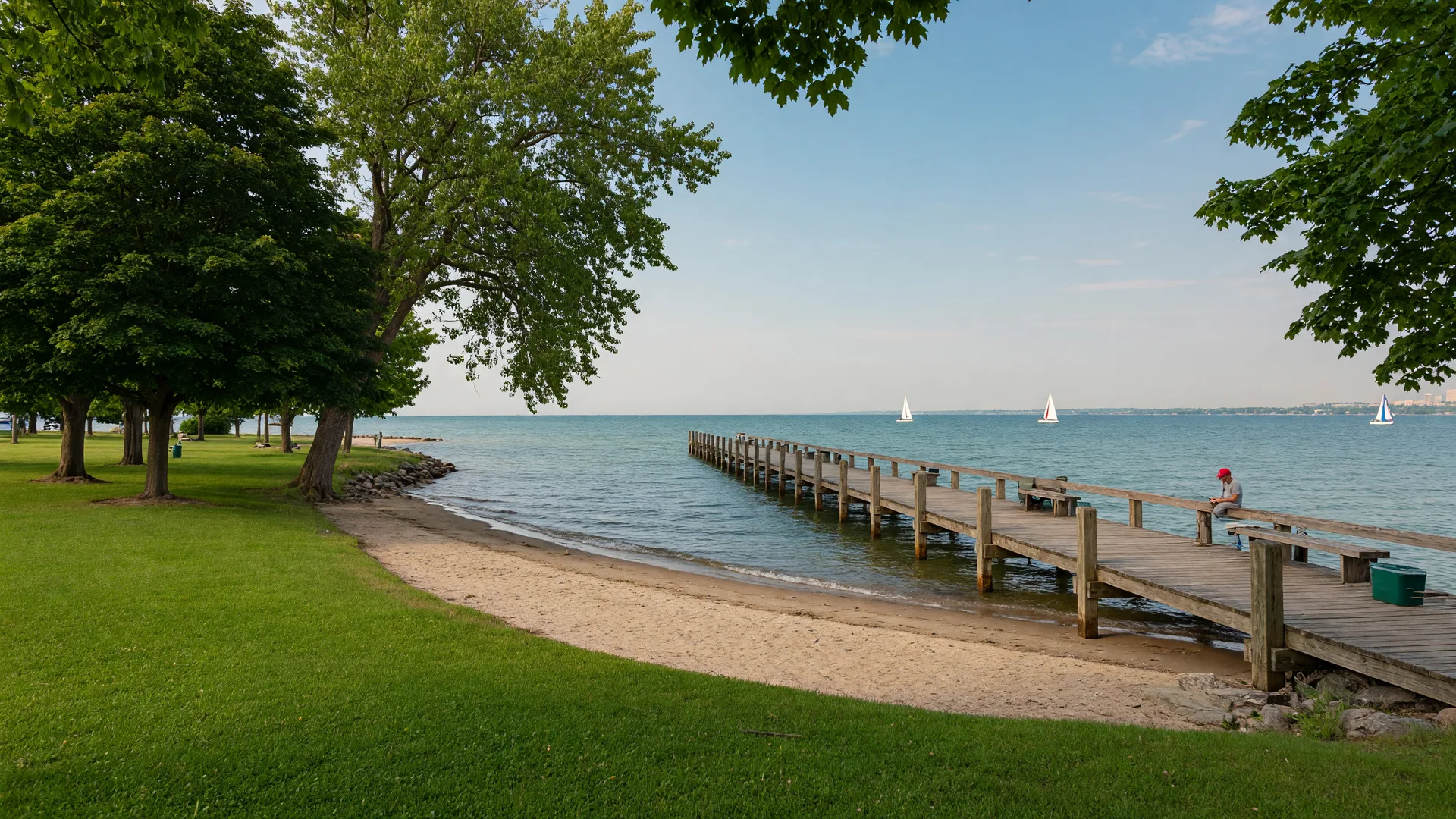 A scenic Lake Erie shoreline with a sandy beach and wooden fishing pier