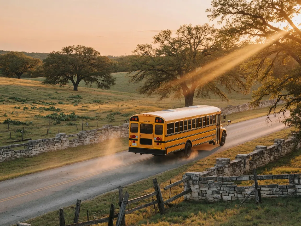 Yellow school bus on a quiet two-lane Texas Hill Country back road at golden hour, passing limestone ranch fences and live oaks