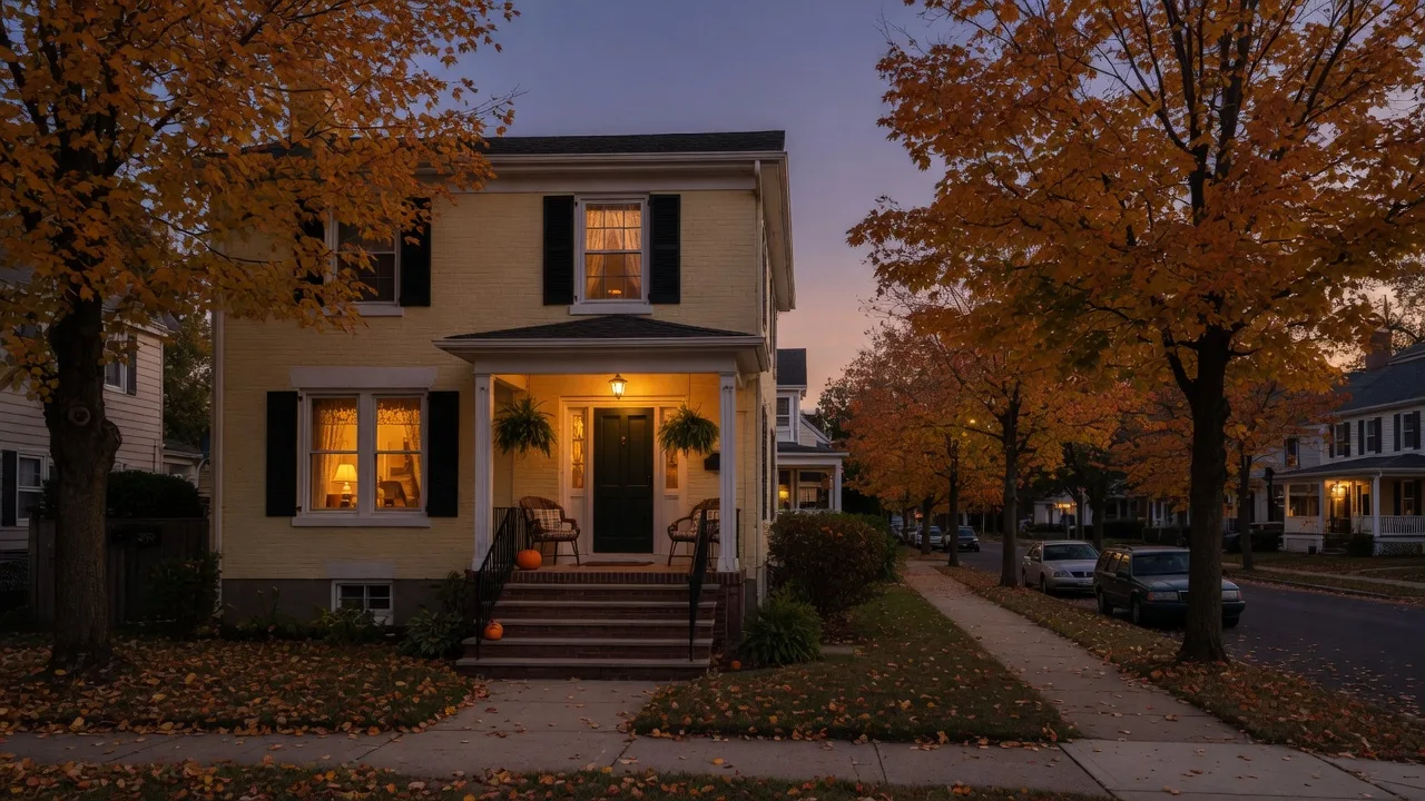 Classic post-war colonial home in Cinnaminson New Jersey at dusk with warm window light and autumn trees