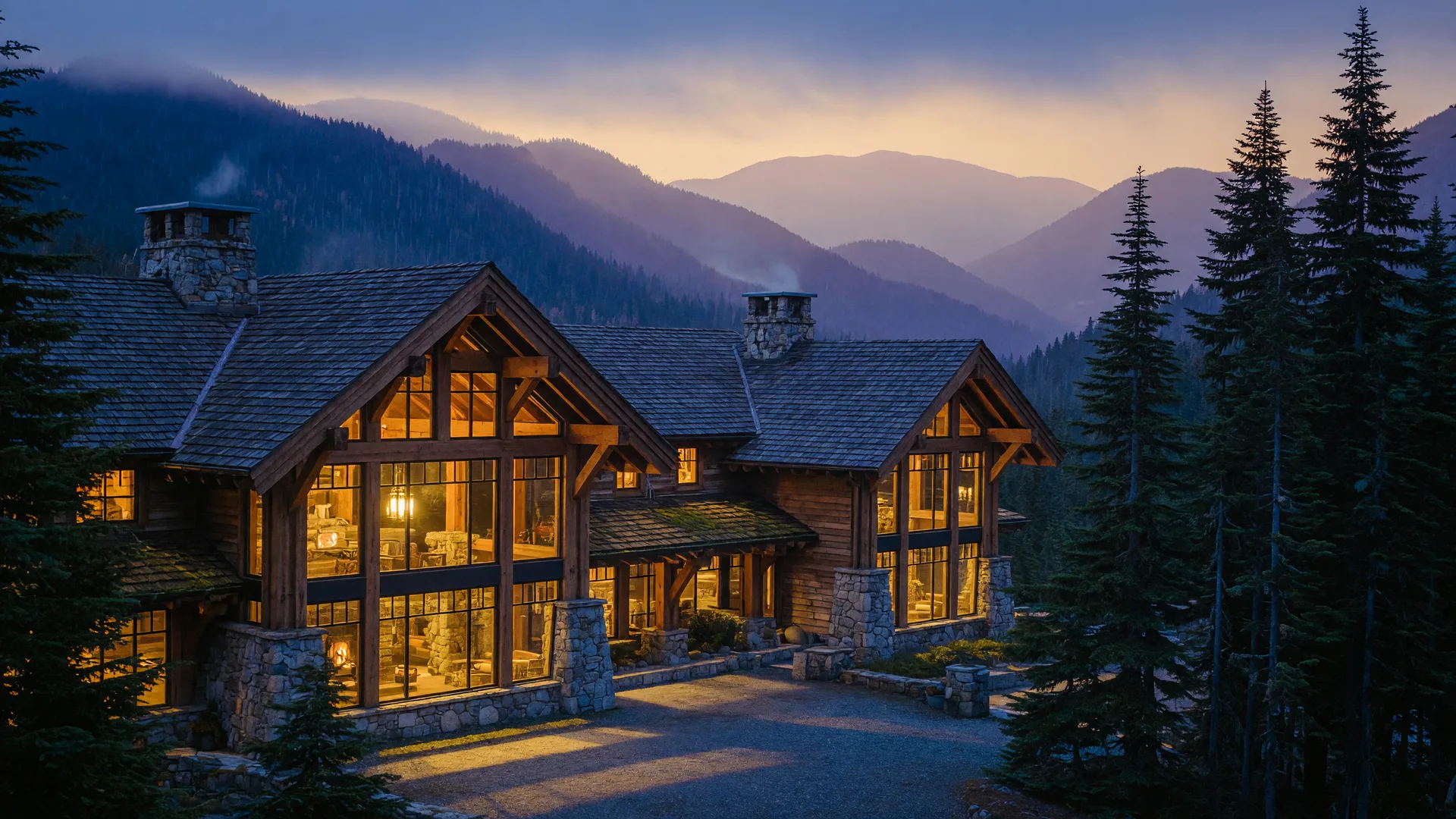 Mountain lodge at blue-gold dusk among evergreen pines