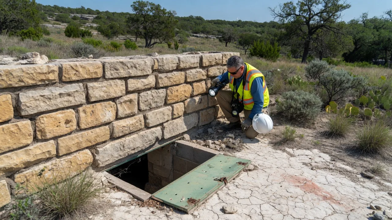 Home inspector examining a limestone foundation at a Hill Country property near Boerne Texas