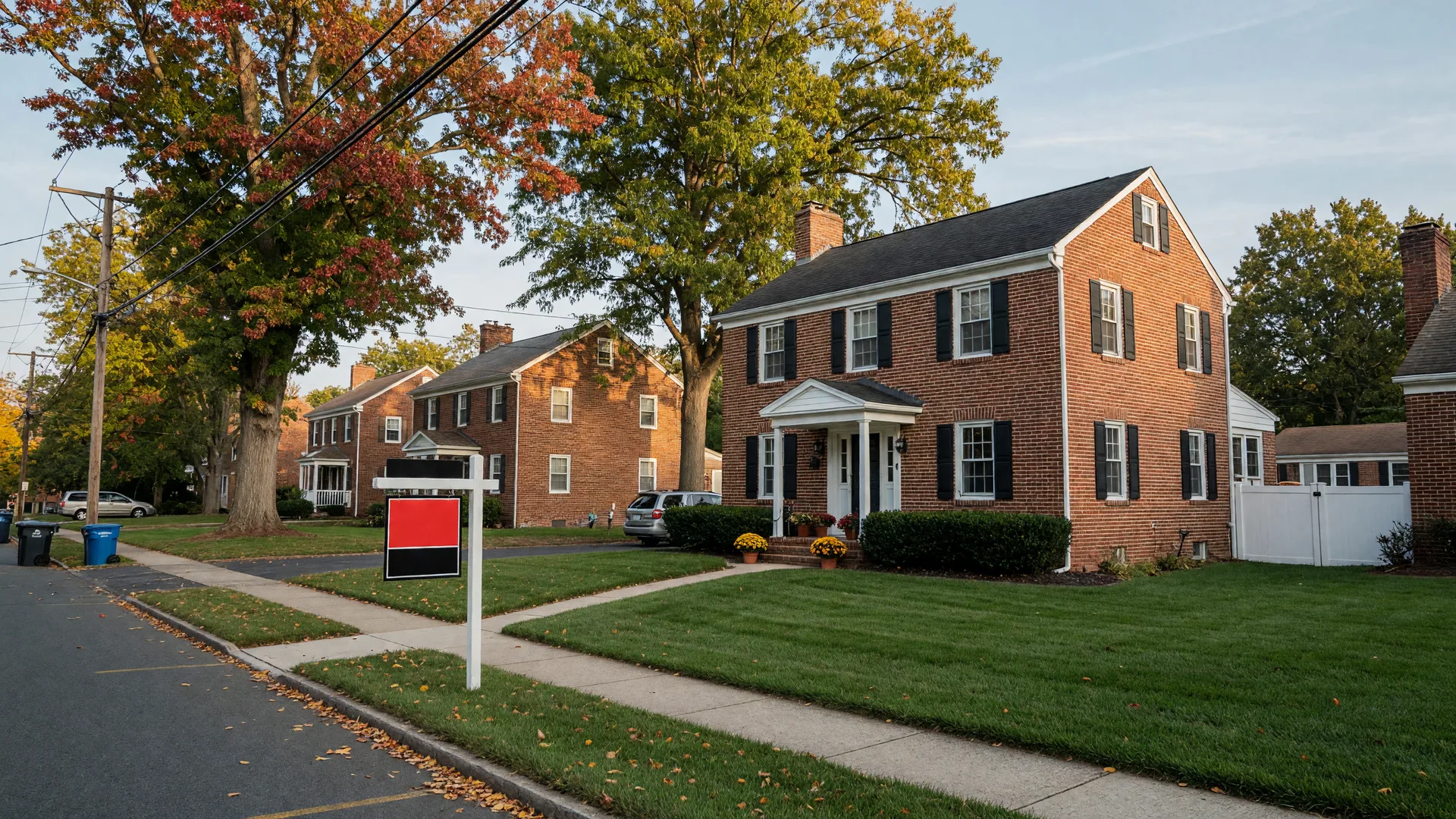 A two-story colonial brick home in a Maryland suburb with a For Sale sign in the front yard, representing a probate property that may need to be sold to satisfy estate debts