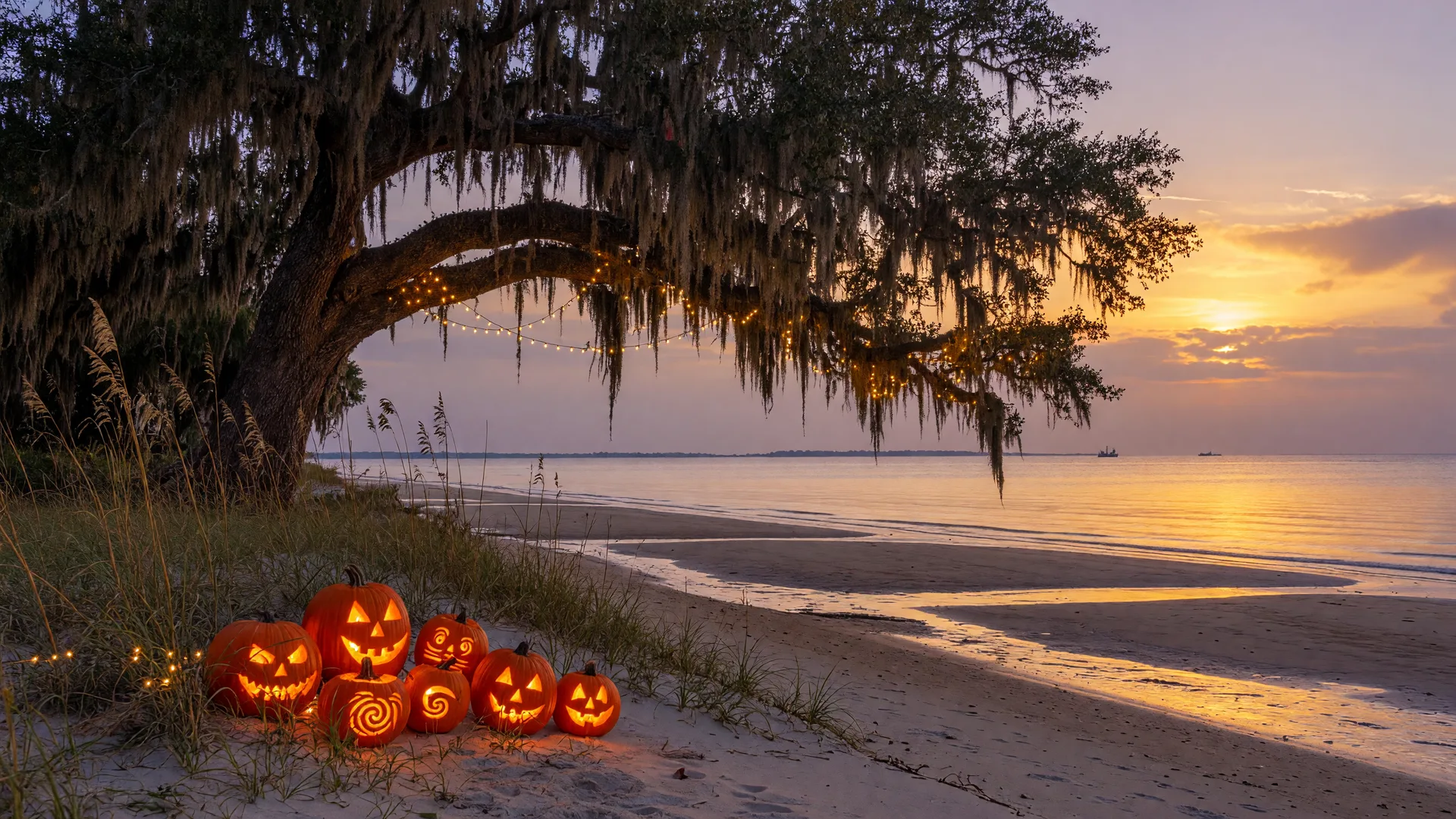 A moss-draped live oak leaning over a quiet Gulf Coast beach at October dusk, with glowing jack-o-lanterns among the sea oats and string lights in the branches