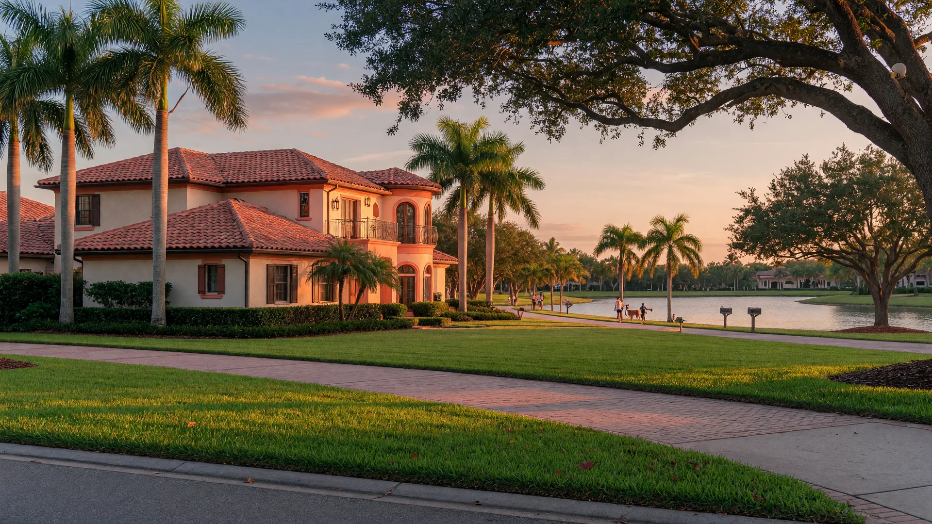 A well-maintained Spanish Mediterranean home in a master-planned Trinity community at golden hour, with palm trees, a manicured lawn, and a neighborhood lake behind it
