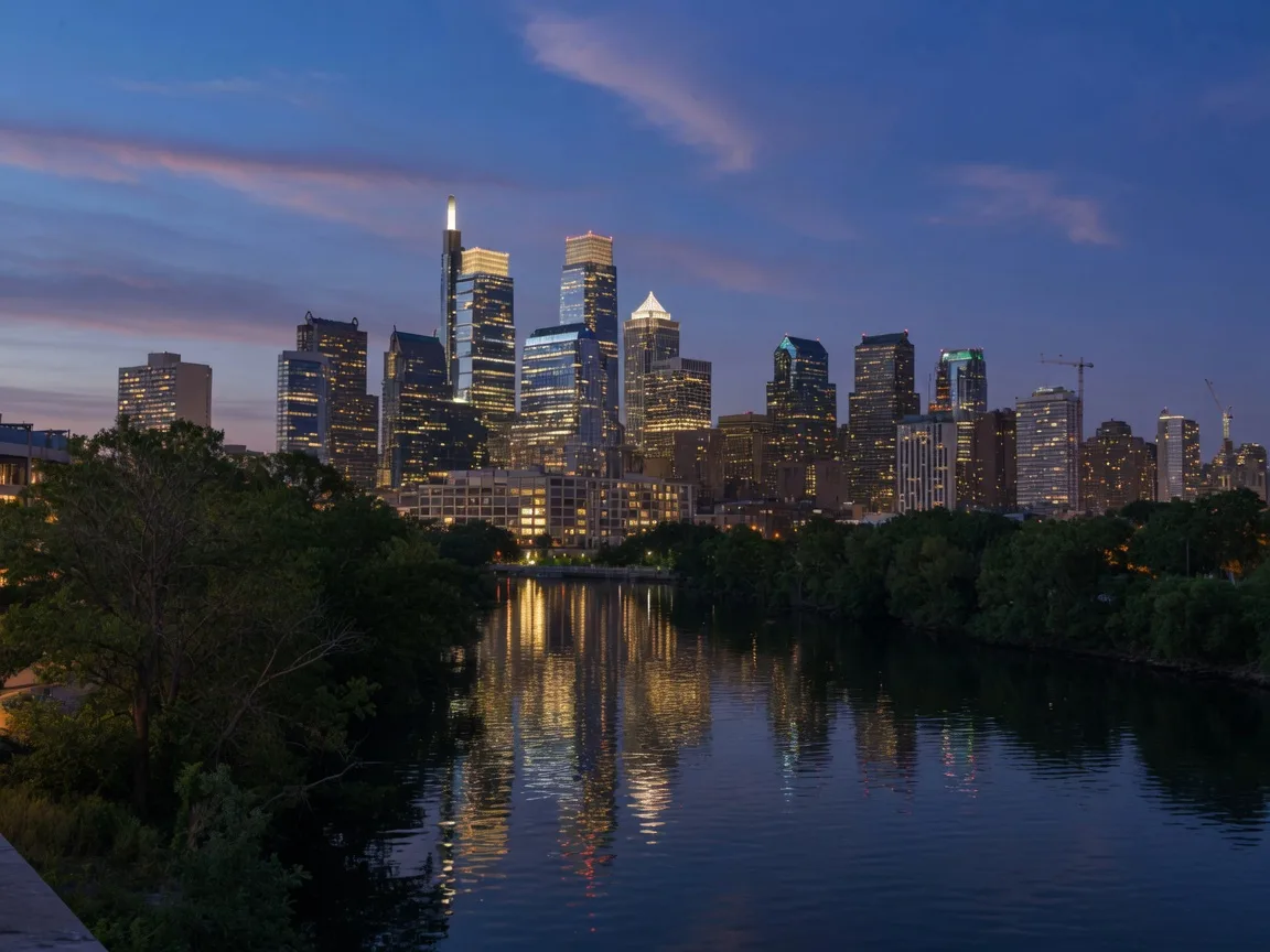 The Philadelphia skyline across the Schuylkill River at dusk