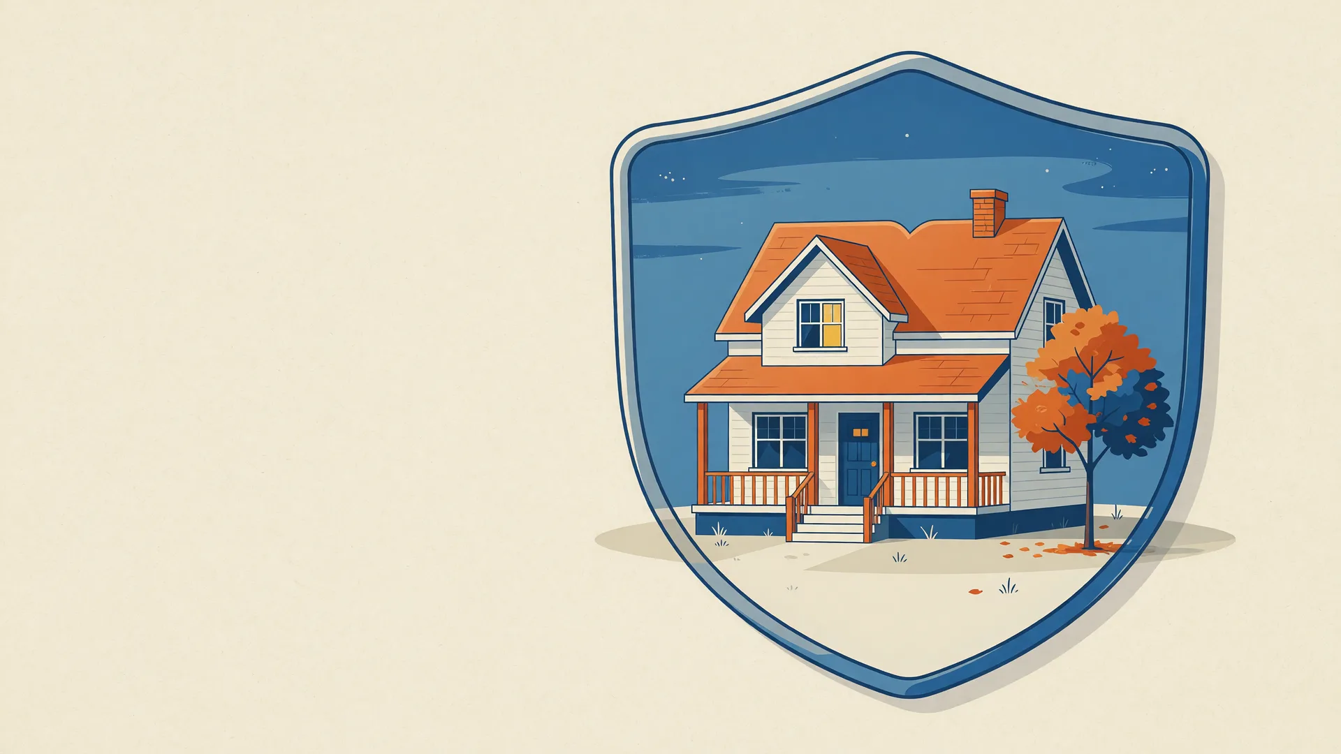 Flat illustration of a Canadian home sheltered inside a protective shield, in blue and orange