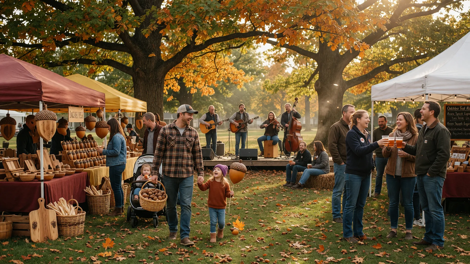 Craft vendor tents and families at a fall festival in a park with turning oak leaves