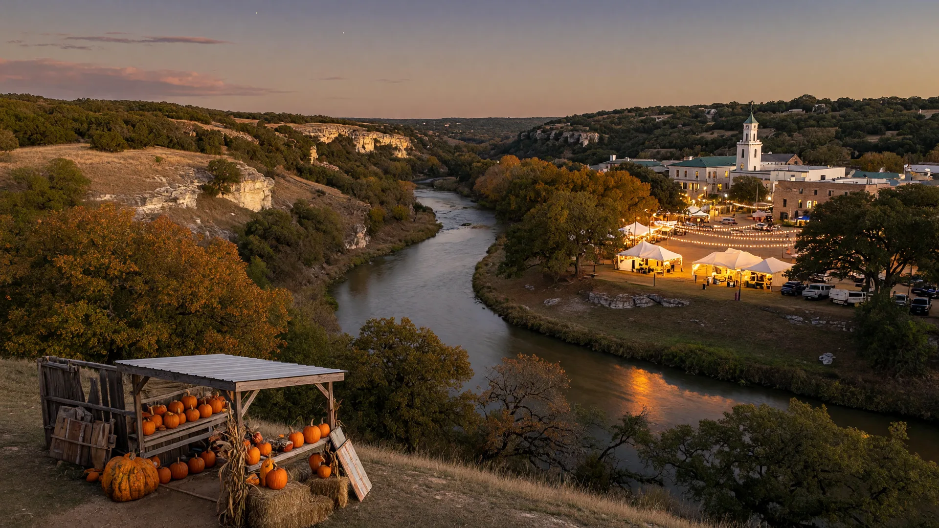 Texas Hill Country at dusk in early autumn, golden limestone hills with live oaks showing fall color, the Comal River reflecting a warm sky, a small-town square with glowing string lights and festival tents, pumpkins by a rustic market stall