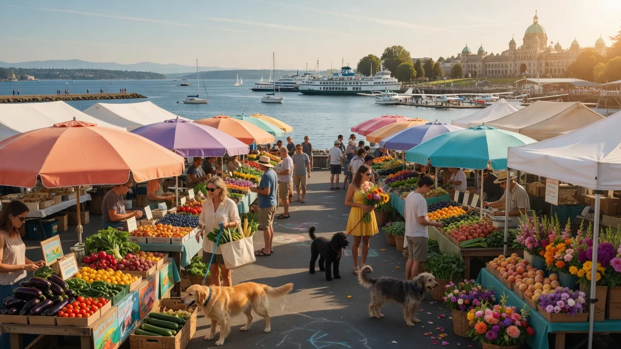 Dog-friendly summer farmers market in Victoria, BC on a sunny August morning with dogs on leashes among colorful market stalls