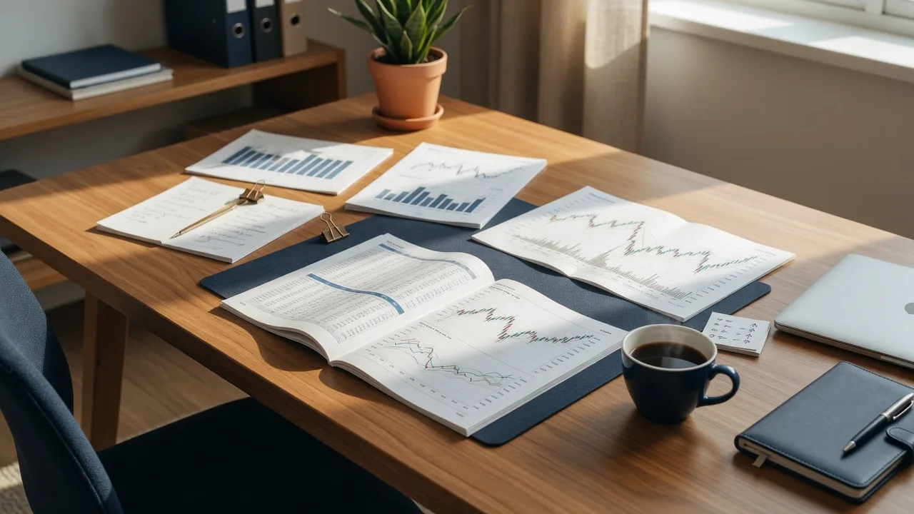 A polished home office where market data and marketing are analyzed