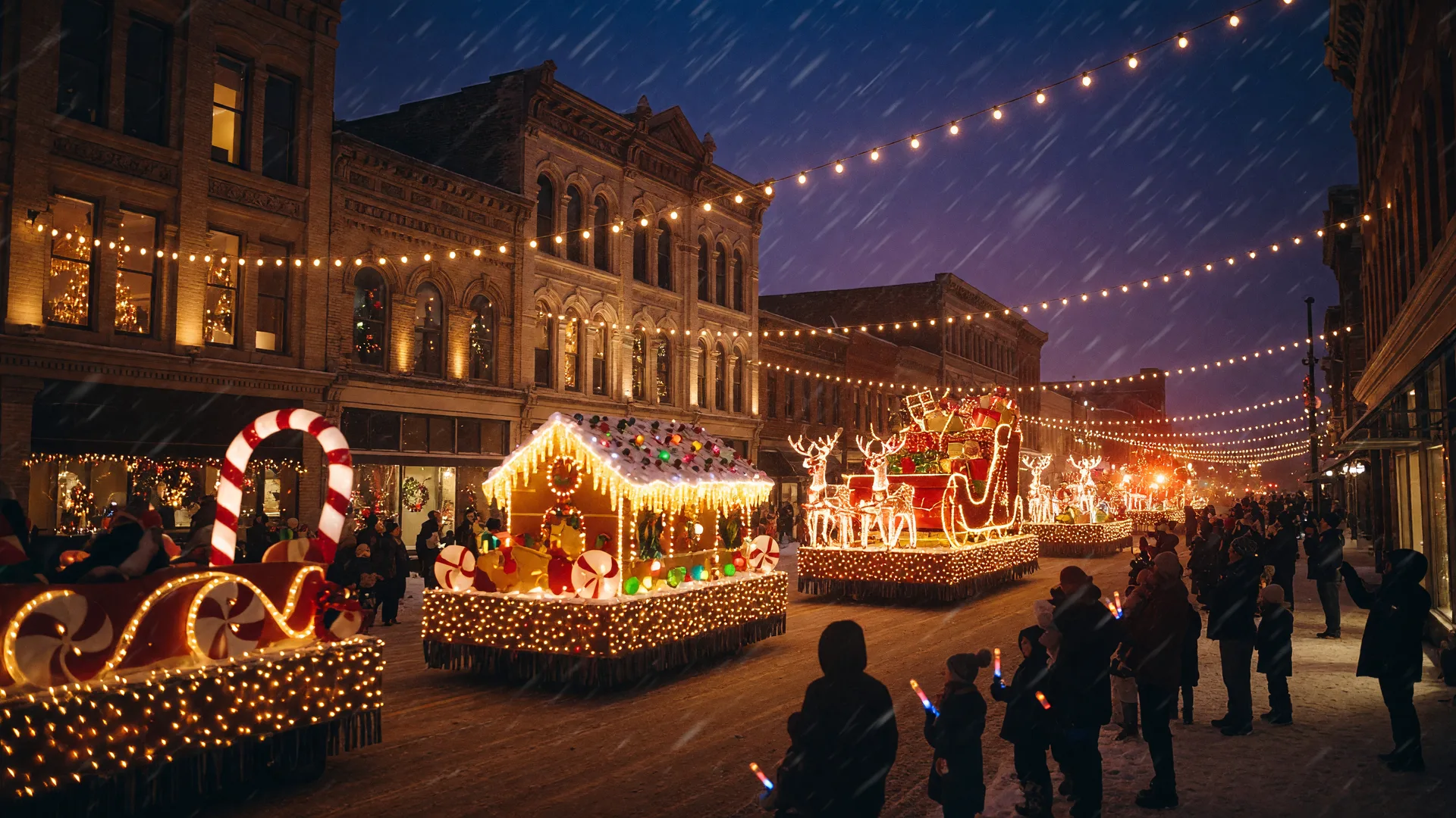 Festive floats and glowing lights along the downtown parade route at Tulsa's Christmas Parade on a winter night