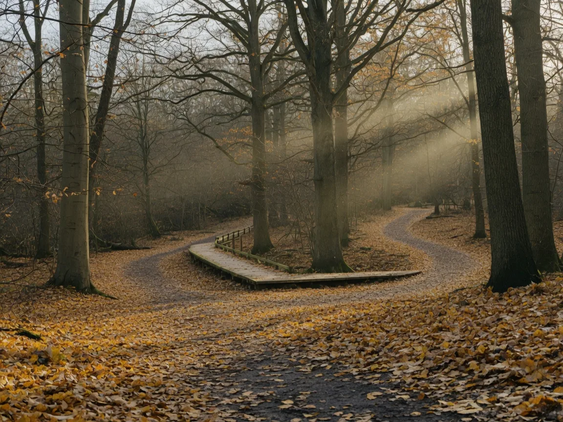 A leaf-covered hiking trail winding through oak and beech forest in late autumn with low November light