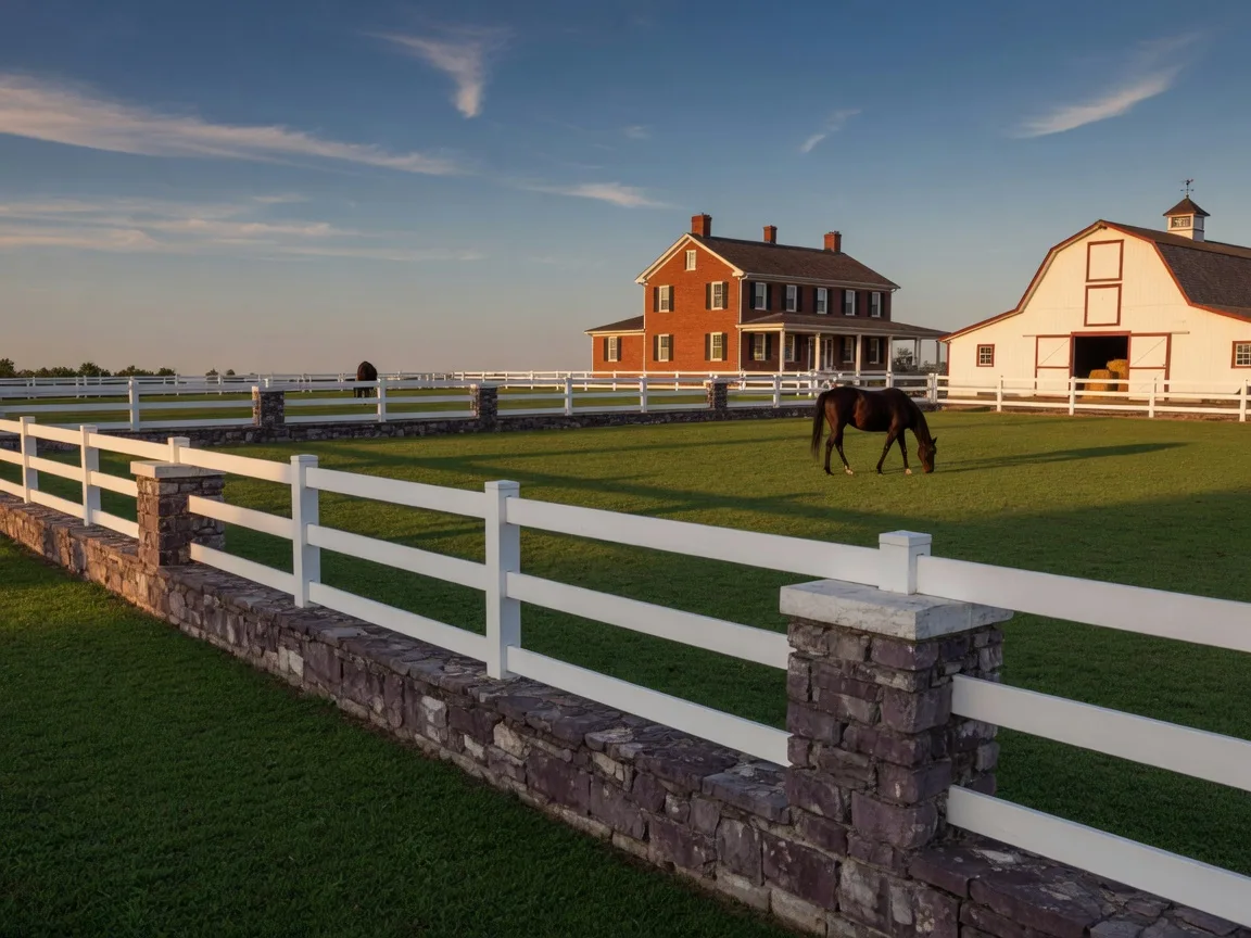 A Kentucky horse farm with white board fencing, limestone walls, and a red brick farmhouse in warm afternoon light