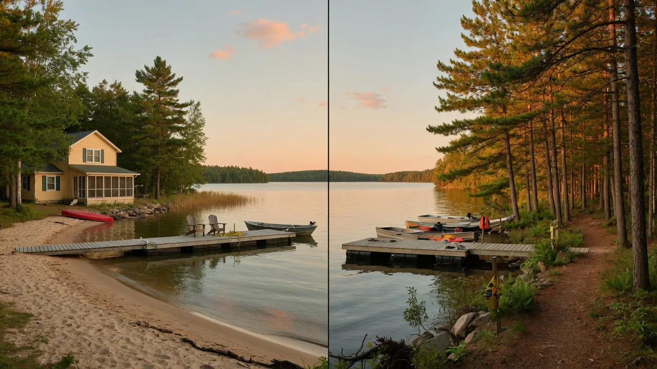 A lakefront home with a private dock on the left beside a wooded lake-access lot with a shared dock and pine path on the right, in warm September light