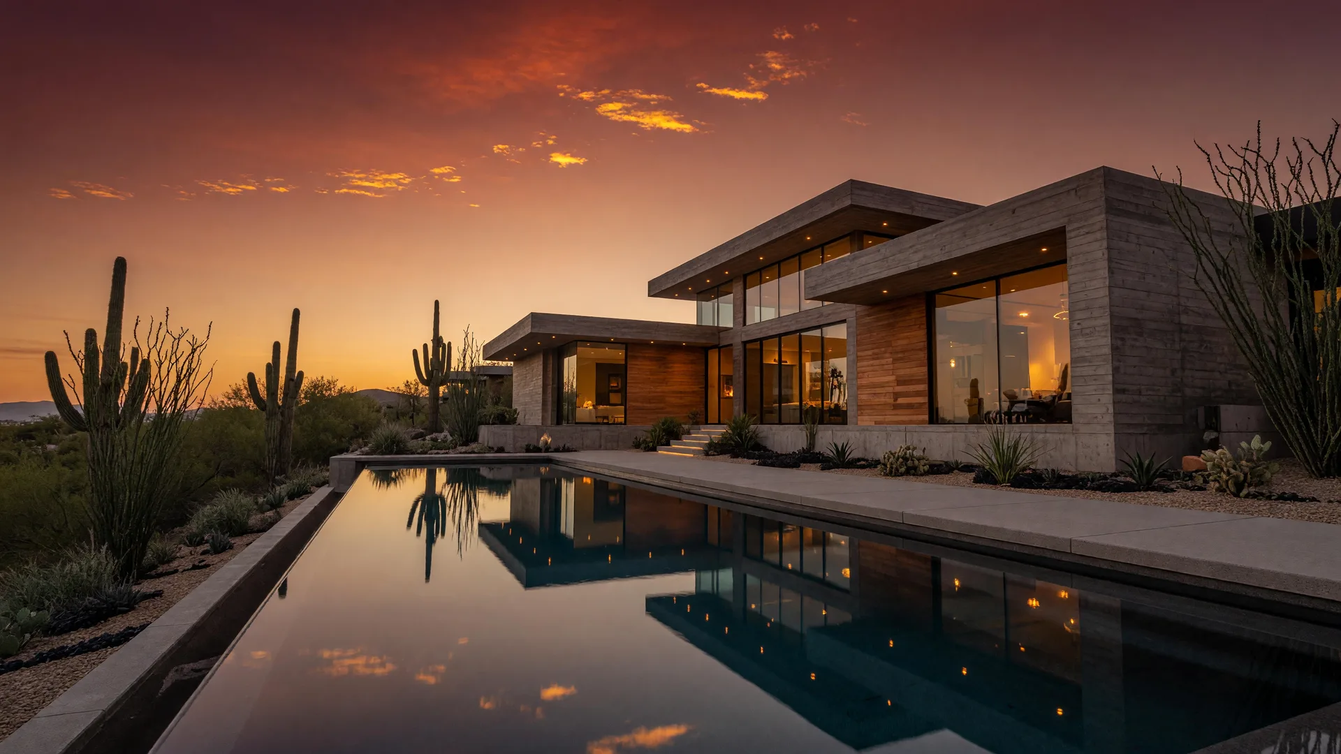 A modern desert luxury estate in the North Scottsdale foothills at dusk, floor-to-ceiling glass glowing above an infinity pool reflecting a crimson-orange twilight sky