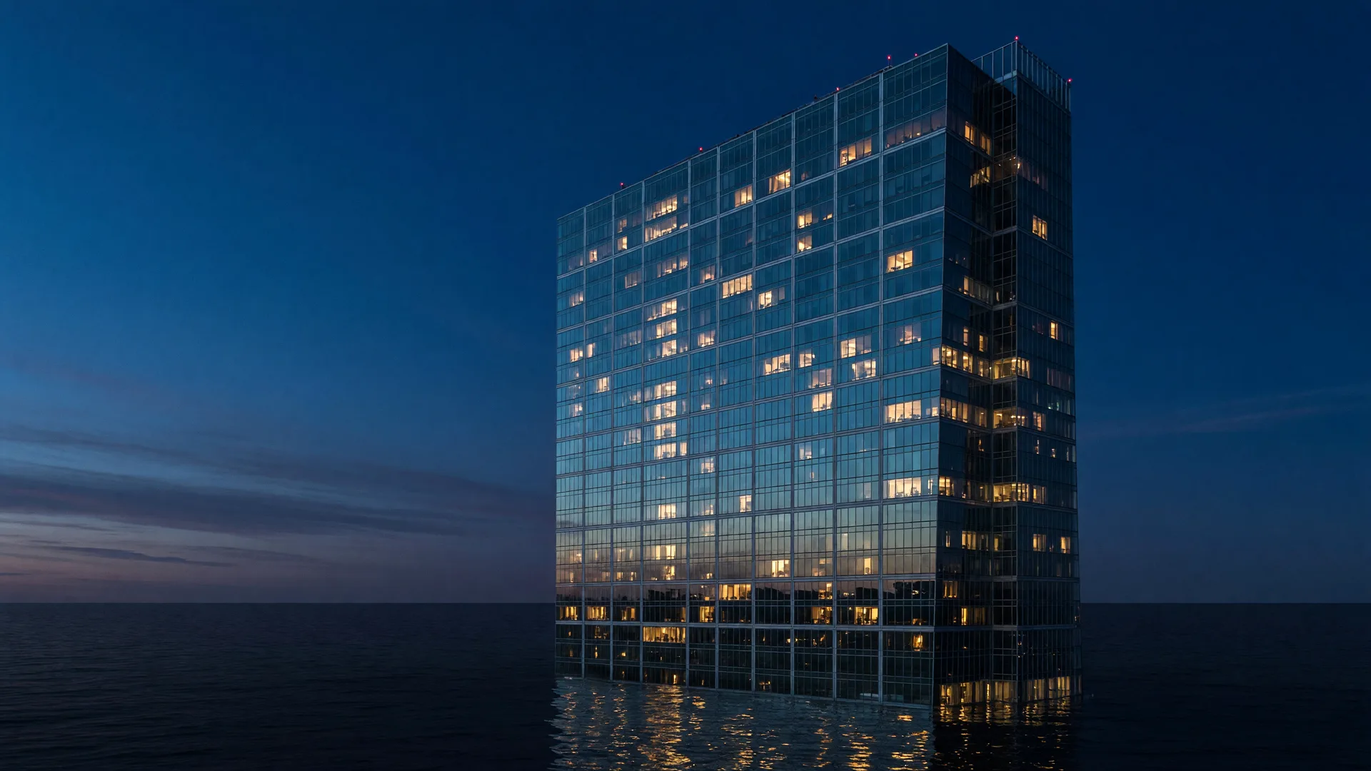 Blue-hour glass tower with warm windows glowing over calm water