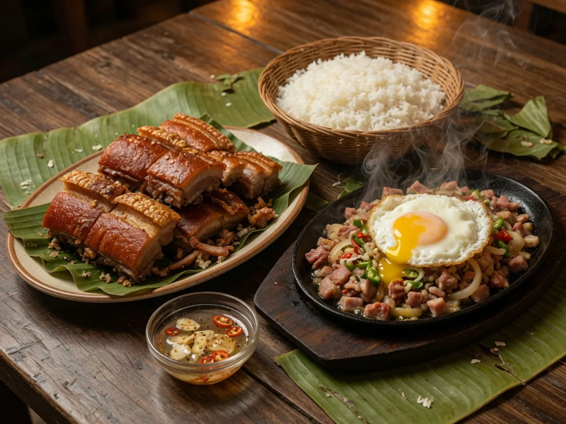 Crispy lechon kawali and sizzling sisig served family-style at a Filipino kitchen