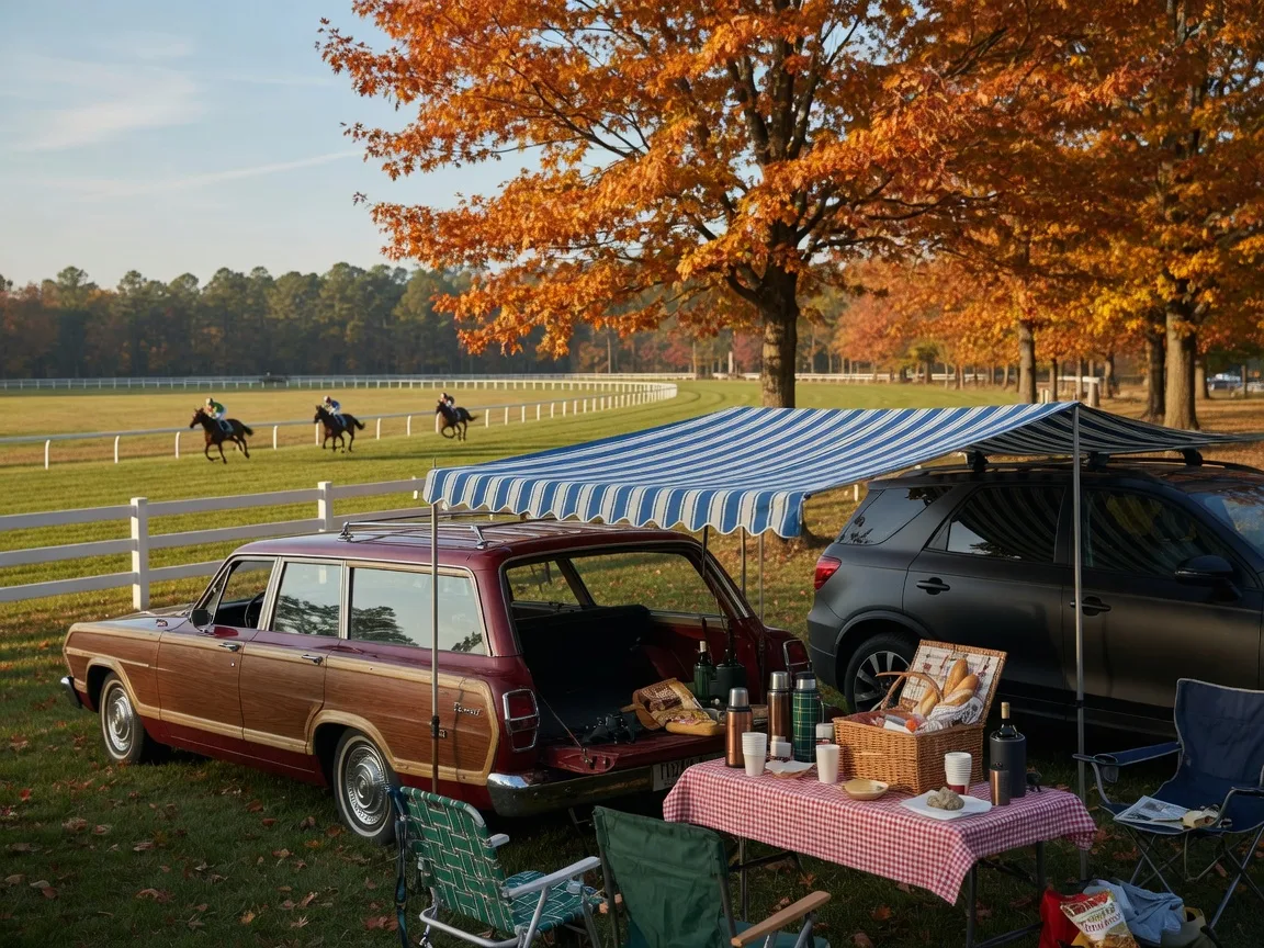 A vintage station wagon and a modern SUV tailgate in the steeplechase infield under a striped awning, with chairs, a table of food, golden autumn maples overhead, and the racecourse visible beyond the white rail fence