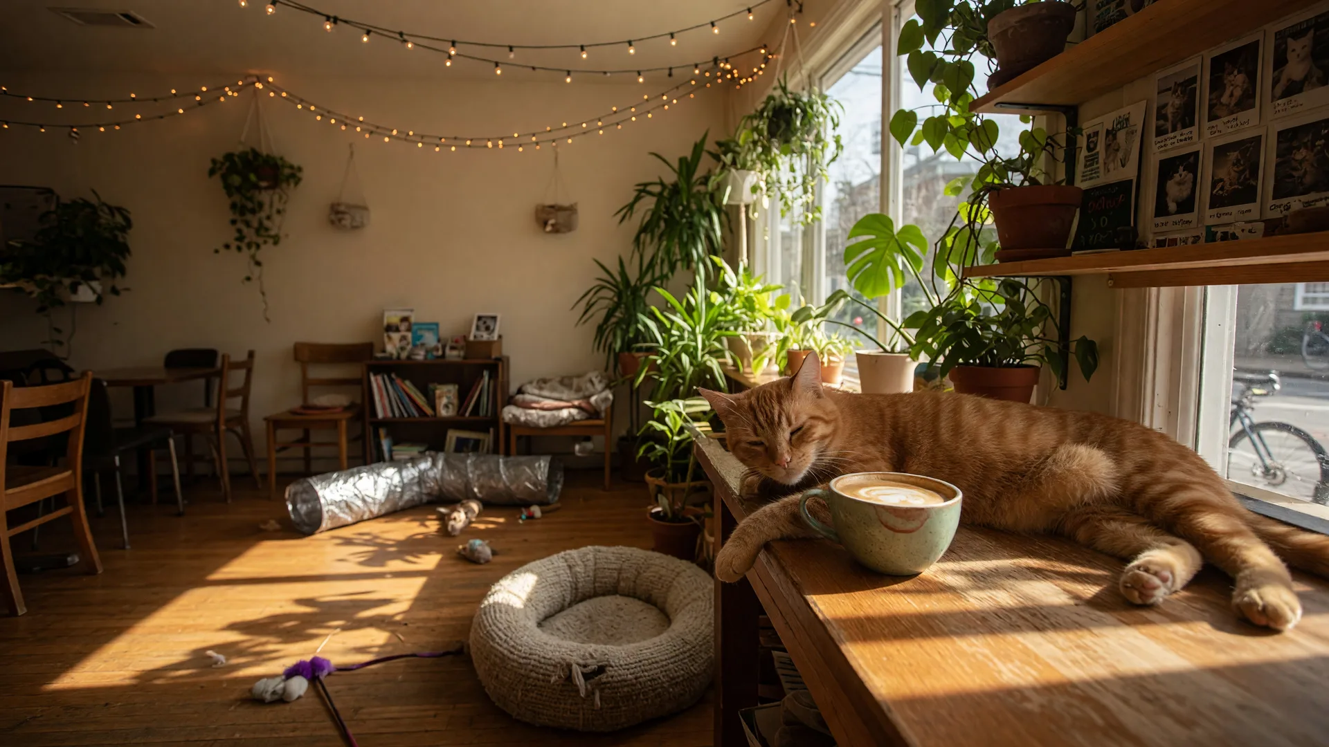 A ginger tabby cat lounging on a wooden counter beside a latte in a cozy neighborhood cat café