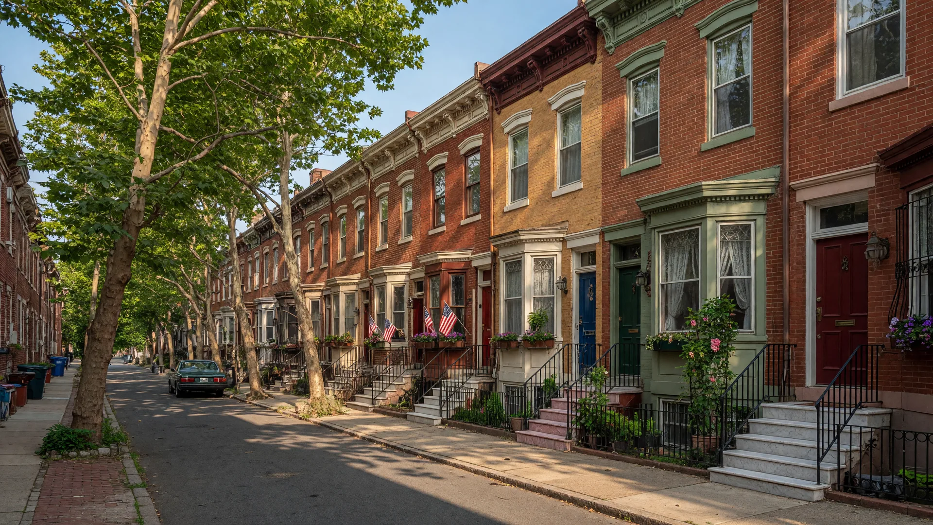 Colorful historic brick rowhomes on a tree-lined street in Queen Village, Philadelphia