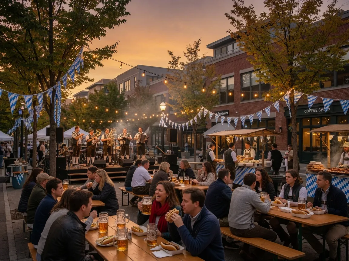 Outdoor Oktoberfest beer garden in a Washington DC metro area plaza at dusk with long communal tables under string lights, blue and white Bavarian bunting, and a brass band on a small stage surrounded by low-rise brick buildings