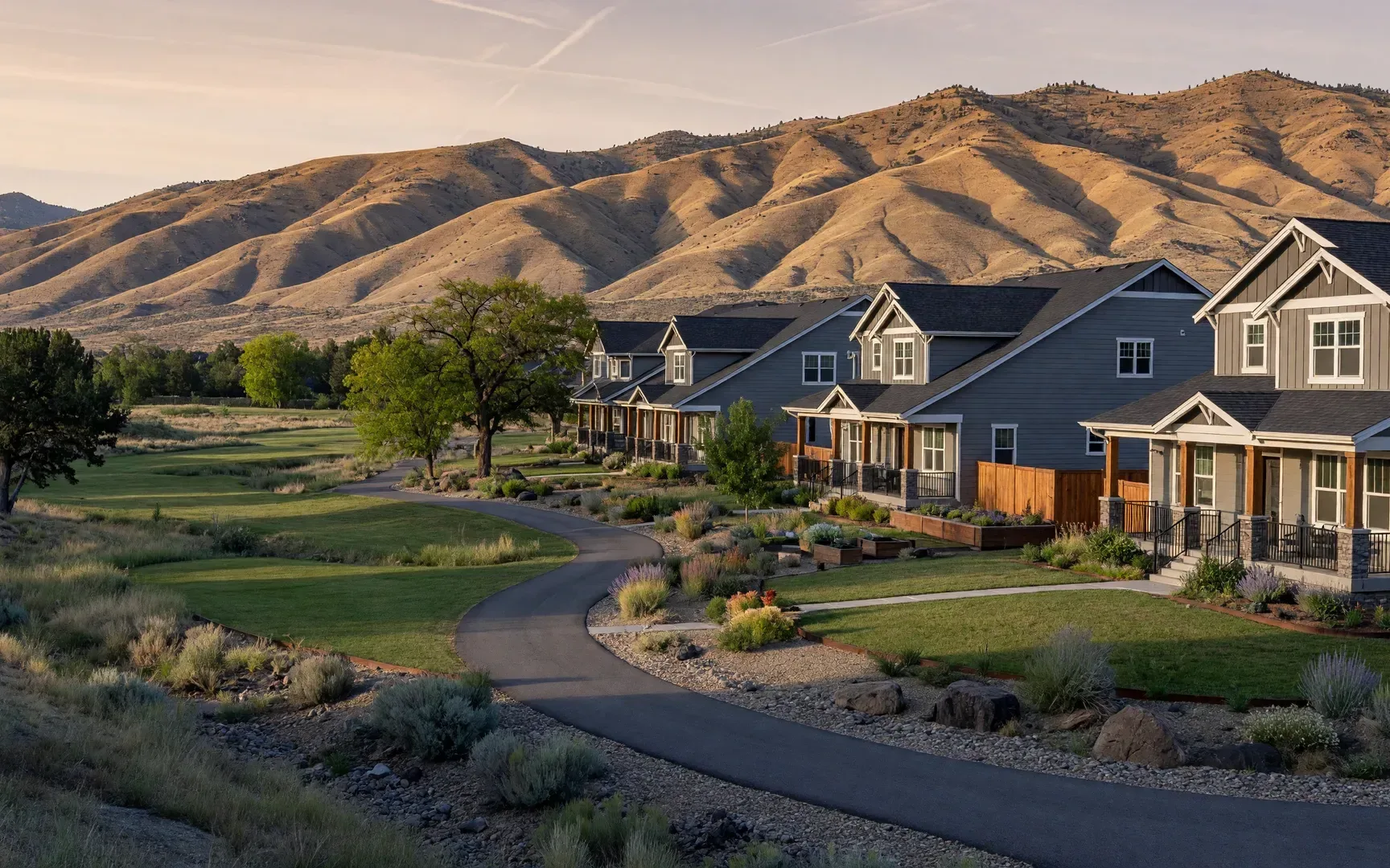 Illustrative image of homes along a greenbelt and trail corridor