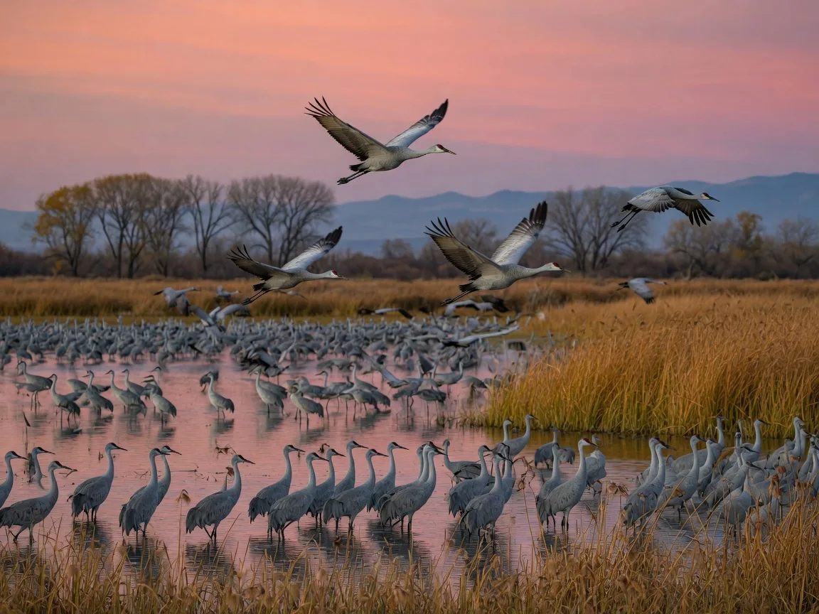 Sandhill cranes gathering and taking flight across shallow wetlands at a Central Valley wildlife refuge at dusk, golden tule grasses and still water reflecting a salmon-pink sky, with the hazy Sierra Nevada foothills on the horizon