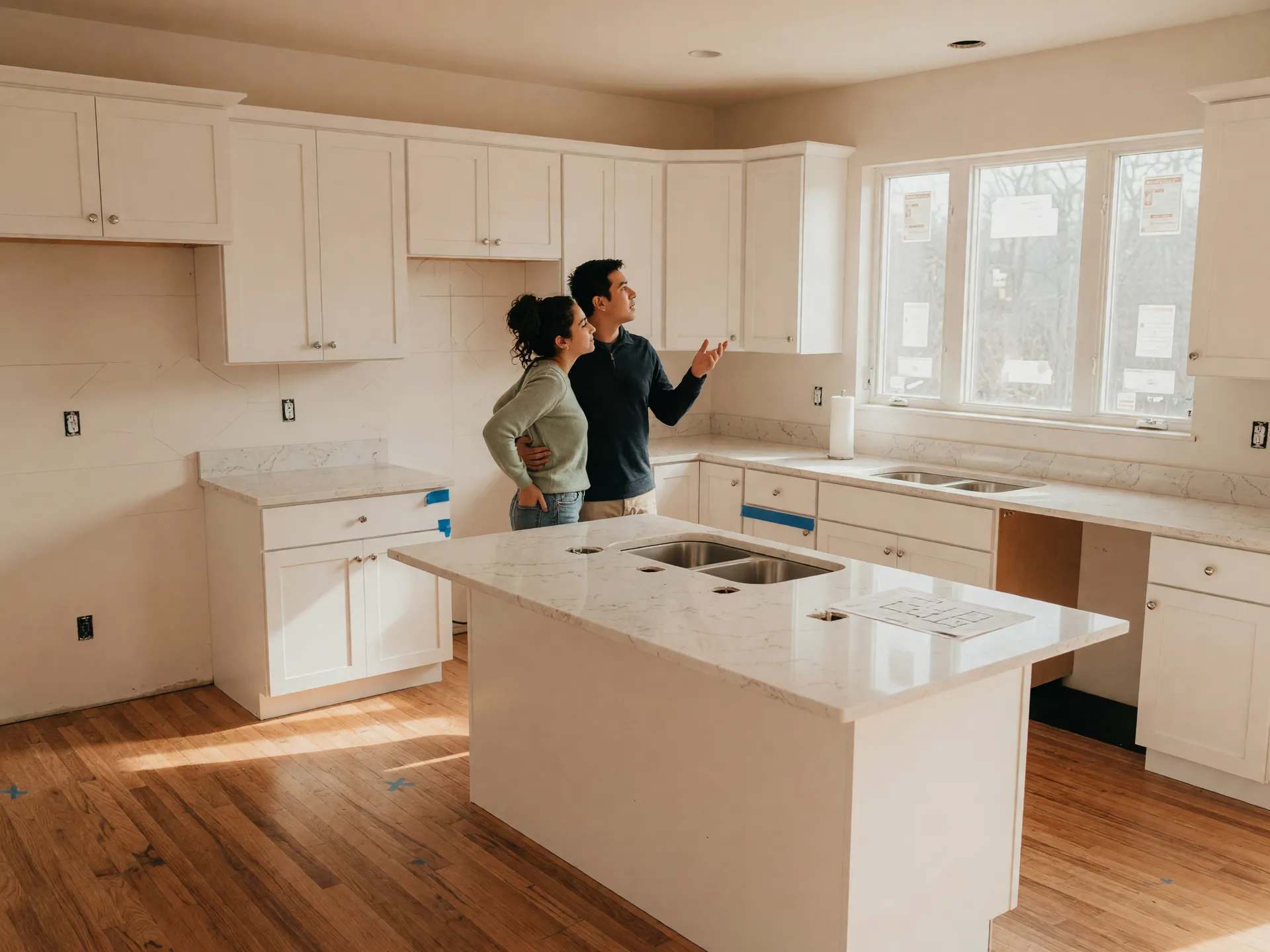A couple standing in a bright, empty new-construction kitchen imagining their life in the home