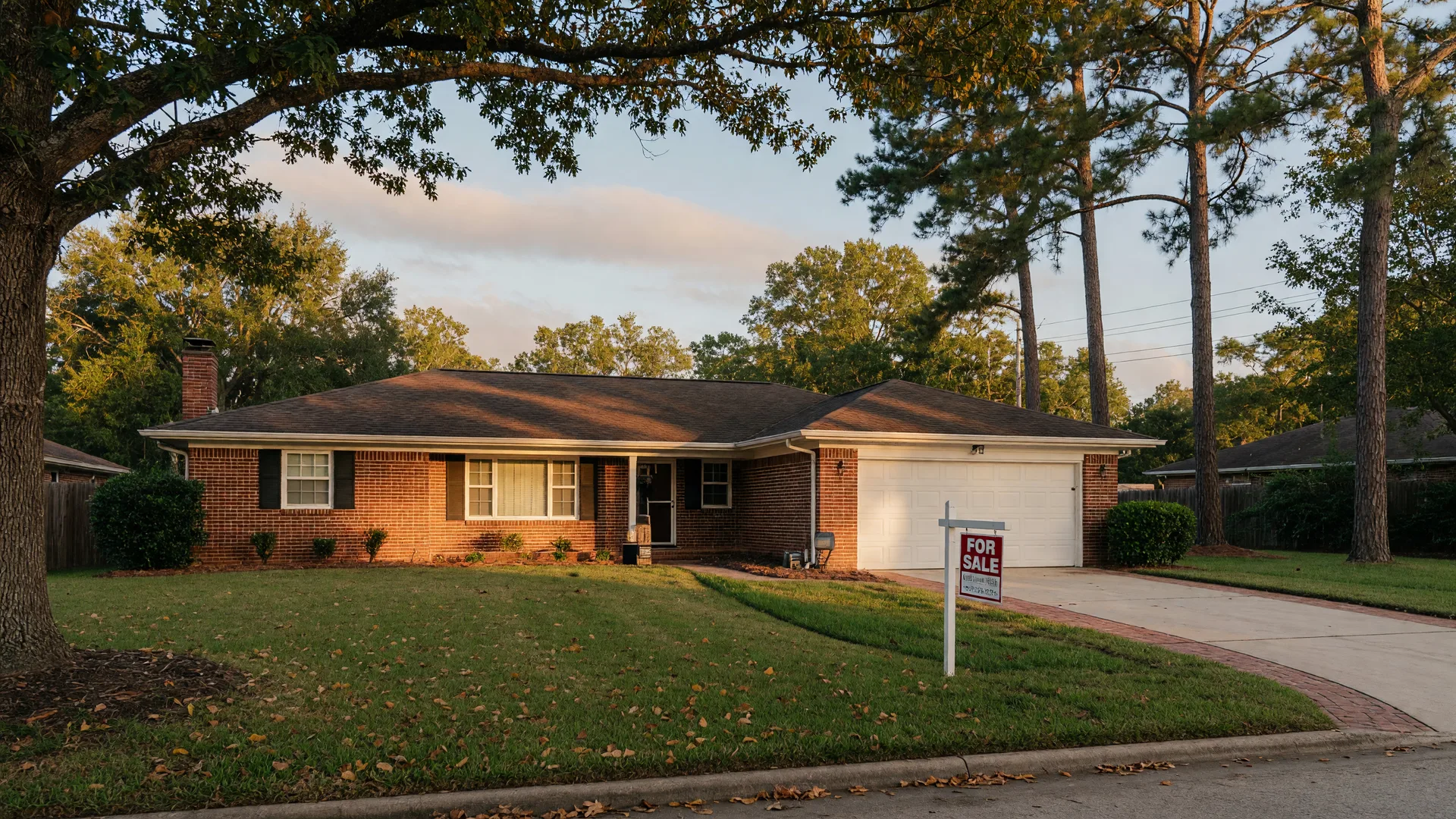 A well-maintained single-story brick home in a tree-lined Northeast Houston neighborhood with a For Sale sign on the lawn at golden hour