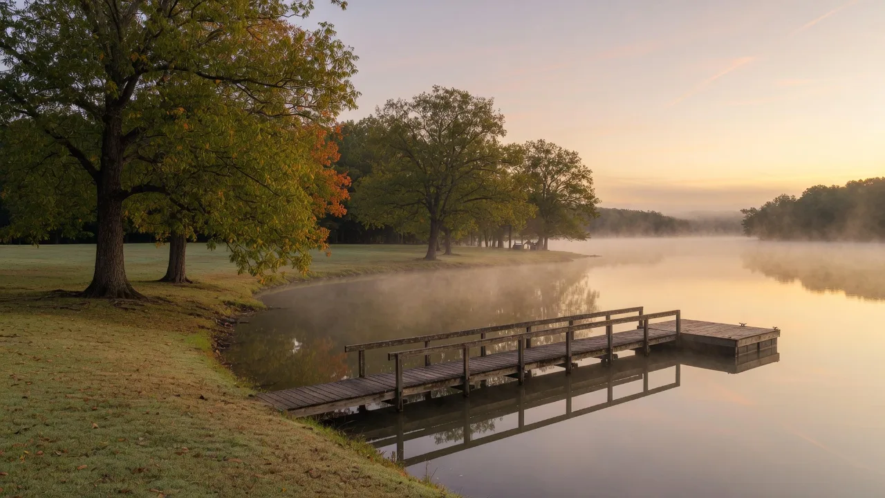 A quiet Lake Hartwell shoreline at misty sunrise in early autumn, with a wooden dock and trees just turning gold