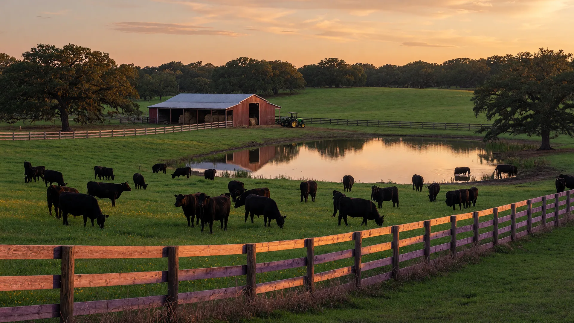 Golden hour view of a Northeast Texas ranch with black Angus cattle grazing on rolling green pasture, a stock pond, split-rail fencing, and a hay barn in the distance