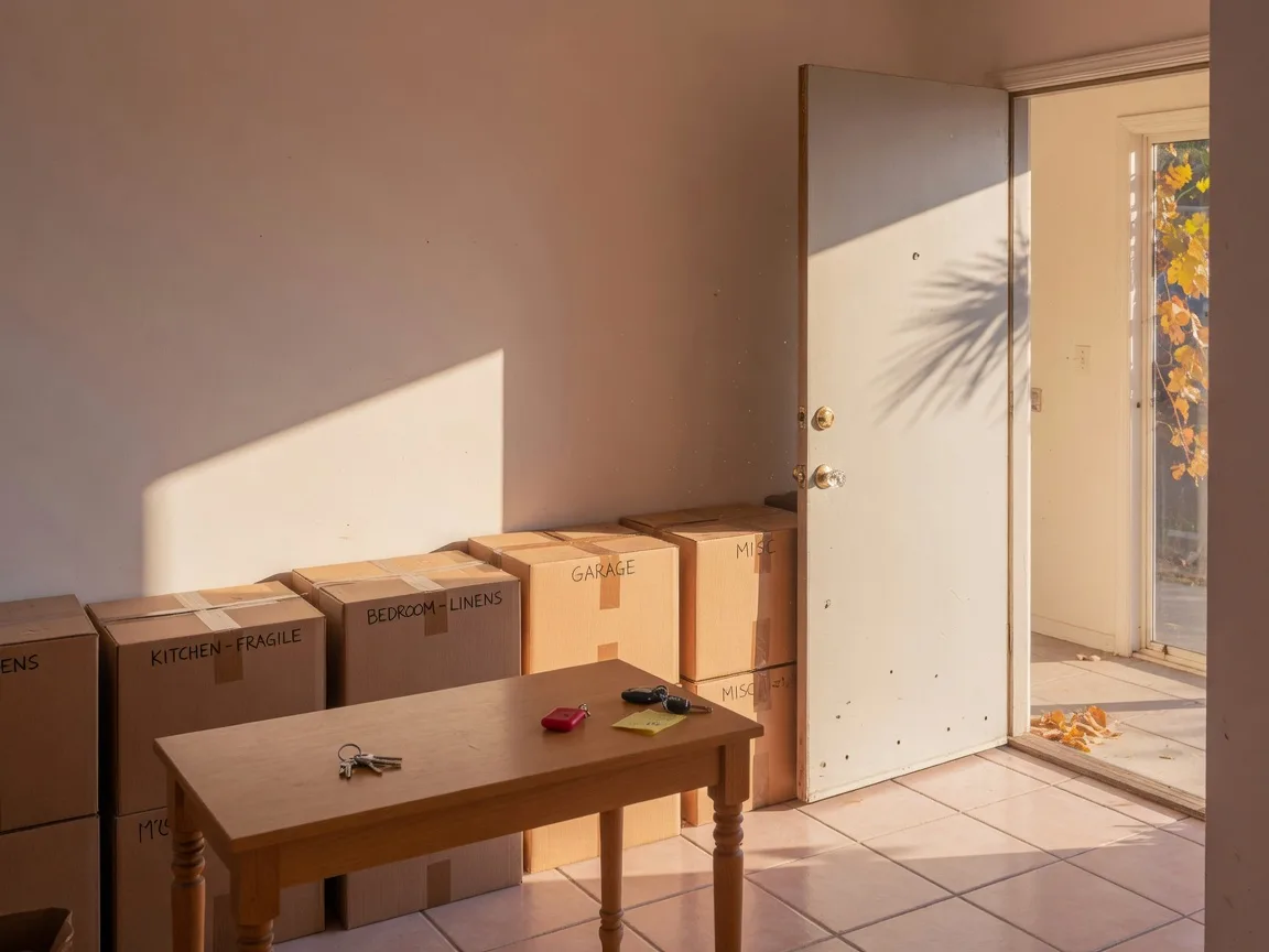 A sunlit entryway foyer of a Central Valley California home on moving day: packed cardboard moving boxes stacked neatly along a cream wall, an open interior door with soft daylight, and a pair of house keys resting on a wooden console table