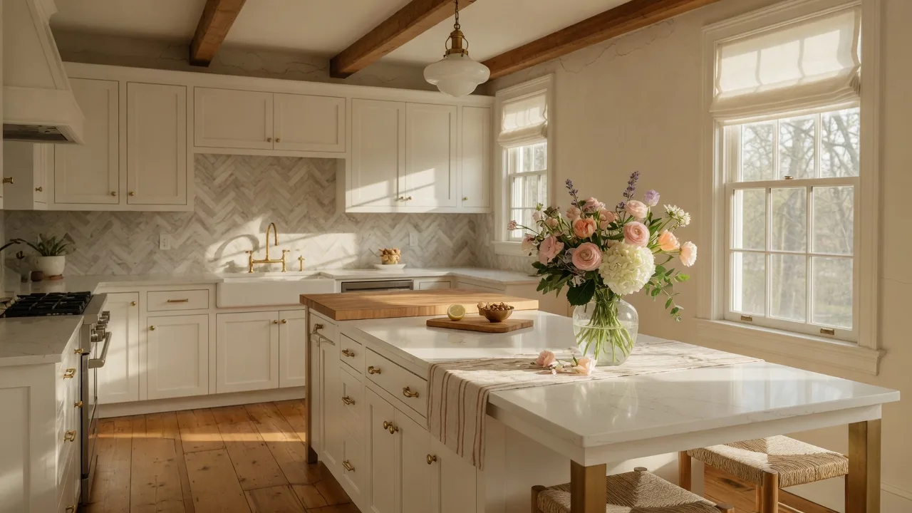 Beautifully renovated kitchen with white shaker cabinets, quartz countertops, brushed gold hardware, and fresh flowers on the island