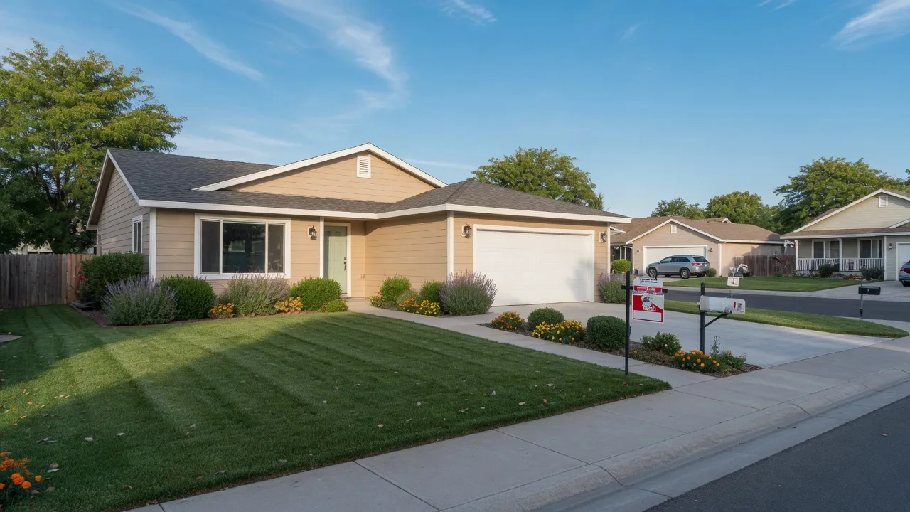 A clean suburban Carson City home on a bright morning with a tidy front yard and a small for-sale sign in the grass.